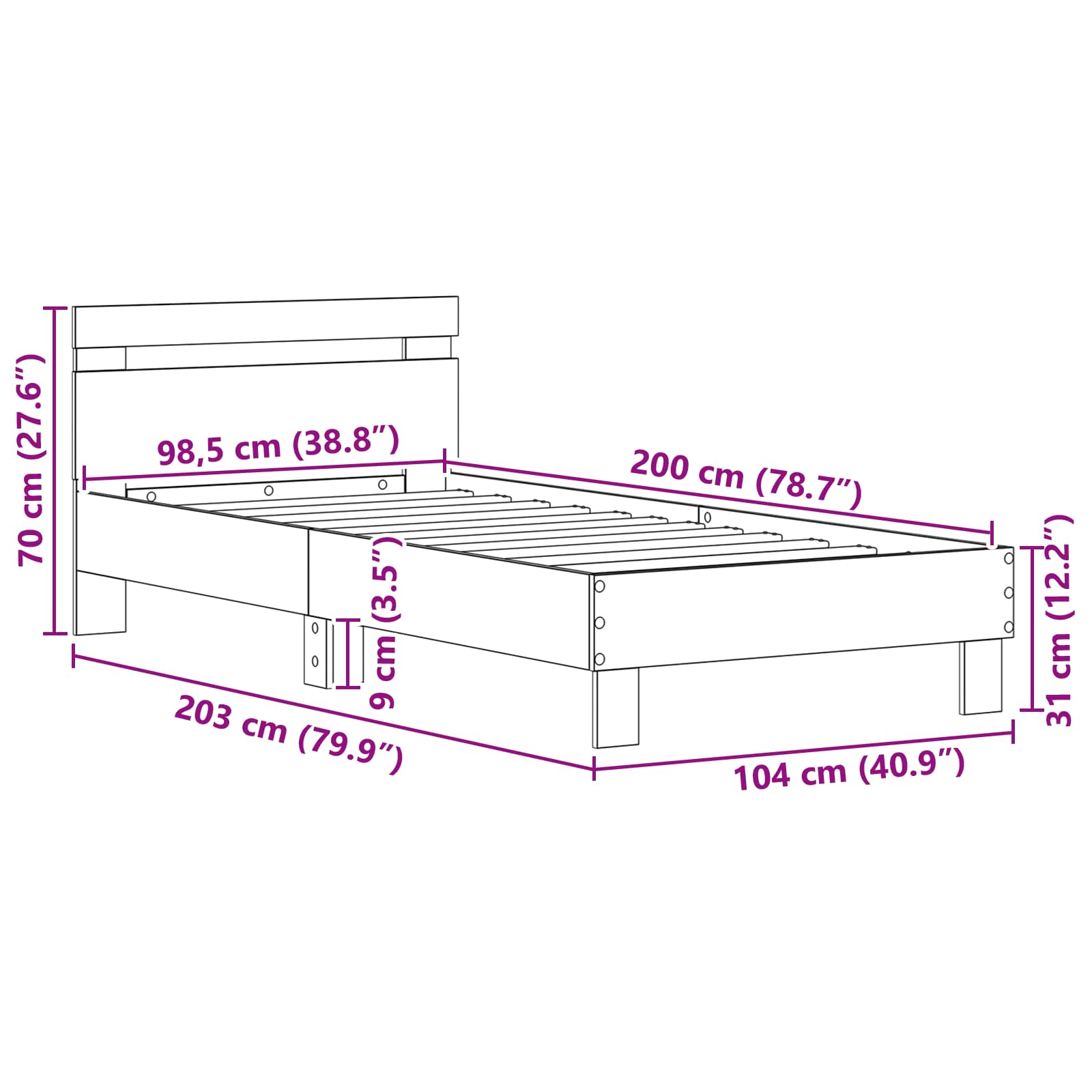 Krevetna konstrukcija s uzglavljem Crni hrast 98.5 x 200 cm