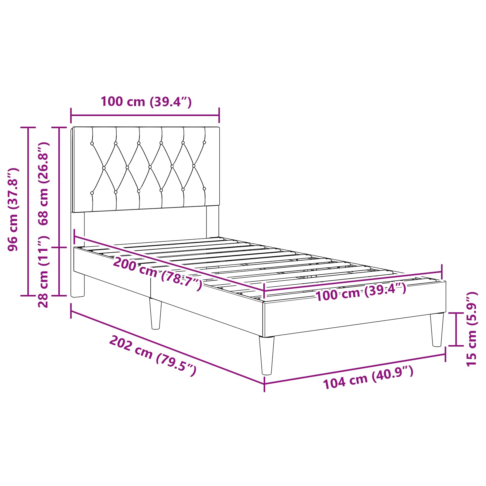 Krevetna konstrukcija s uzglavljem Crna 100 x 200 cm Baršun