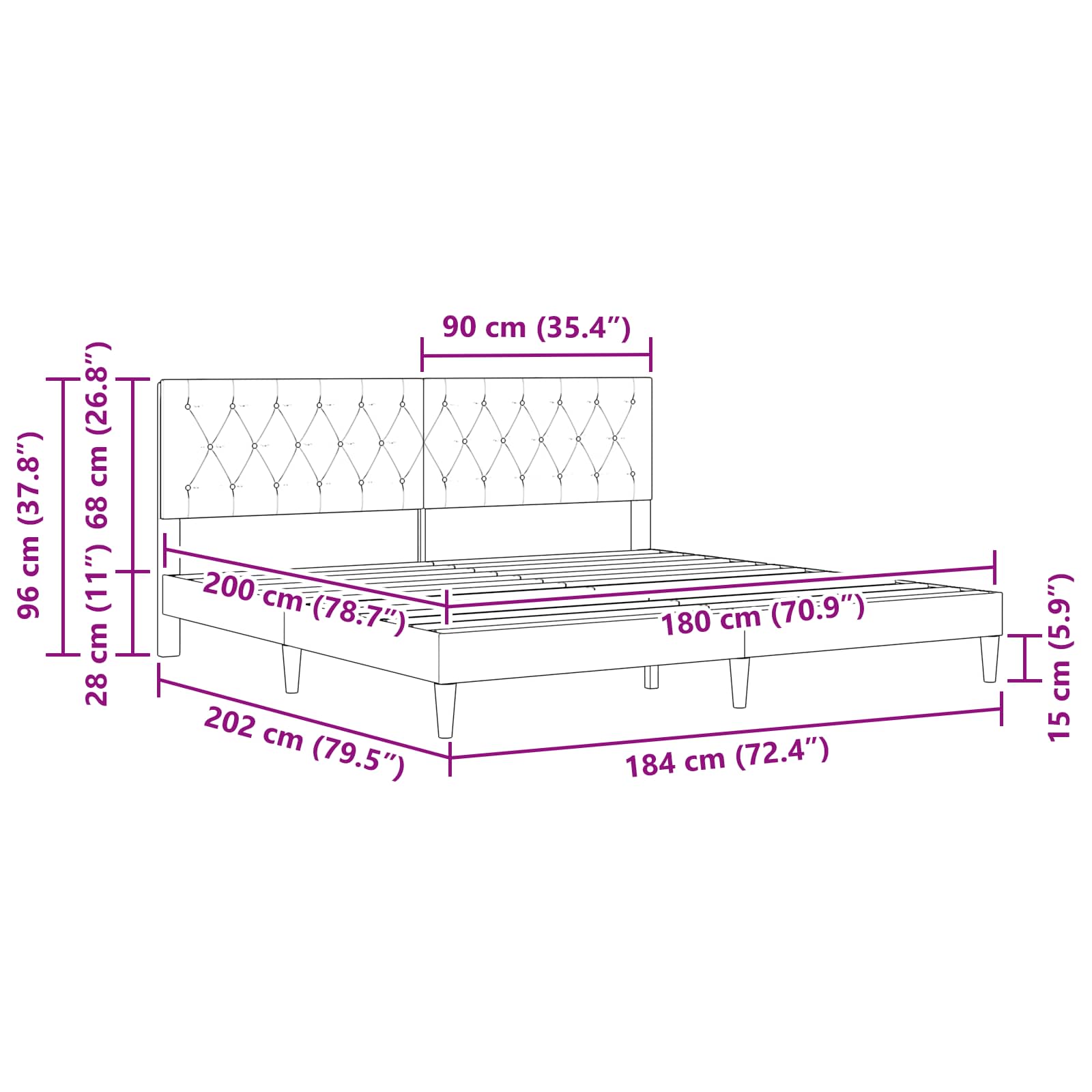 Krevetna konstrukcija s uzglavljem Crna 180 x 200 cm Baršun