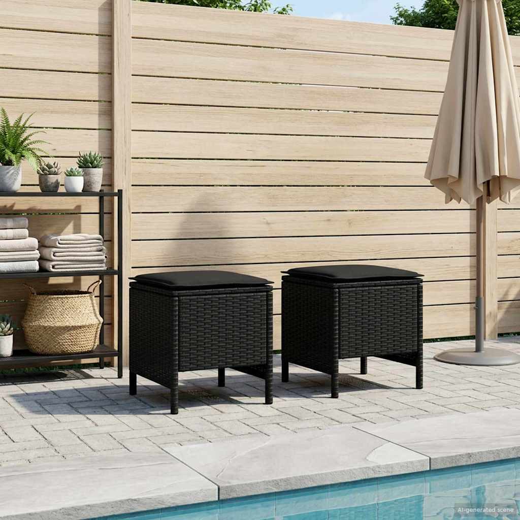 Vrtni otoman s jastukom 2 Komad Crna 38 x 38 x 45 cm PE ratan