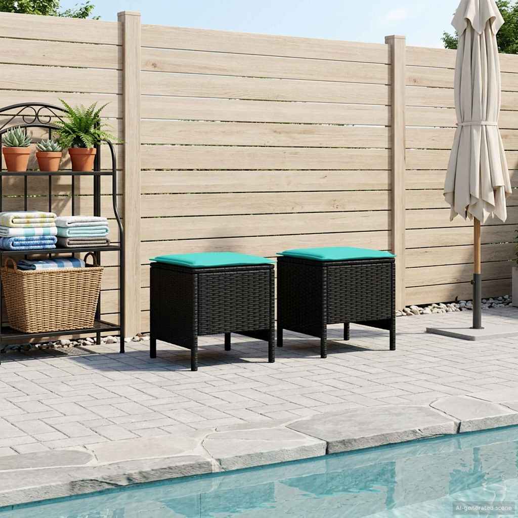 Vrtni otoman 2 Komad Crna i Tirkizna 38 x 38 x 45 cm PE ratan