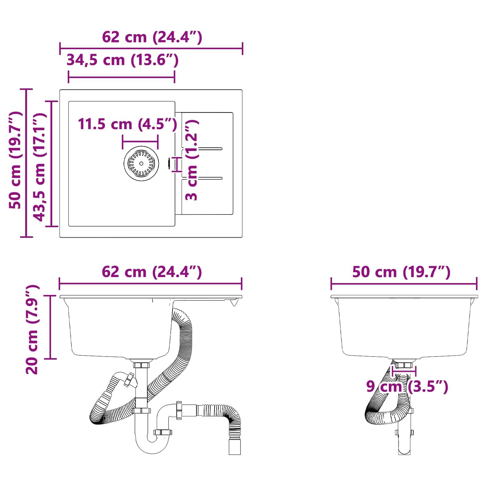 Umivaonik Crna 620 x 500 mm 80% kvarc i 20% smola