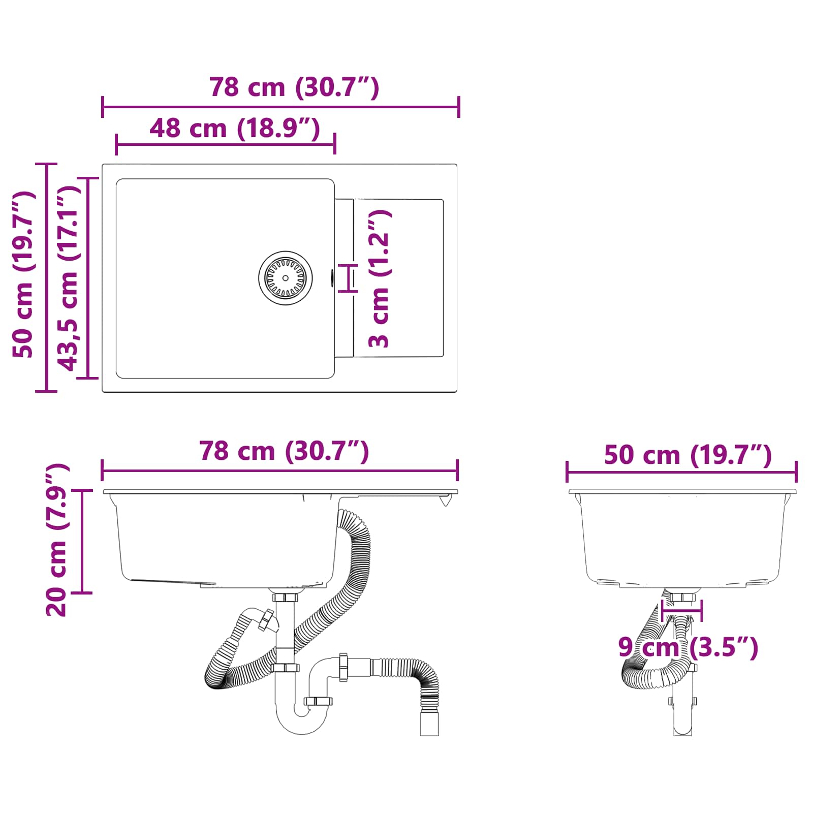 Umivaonik Bijelo 780 x 500 mm 80% kvarc i 20% smola