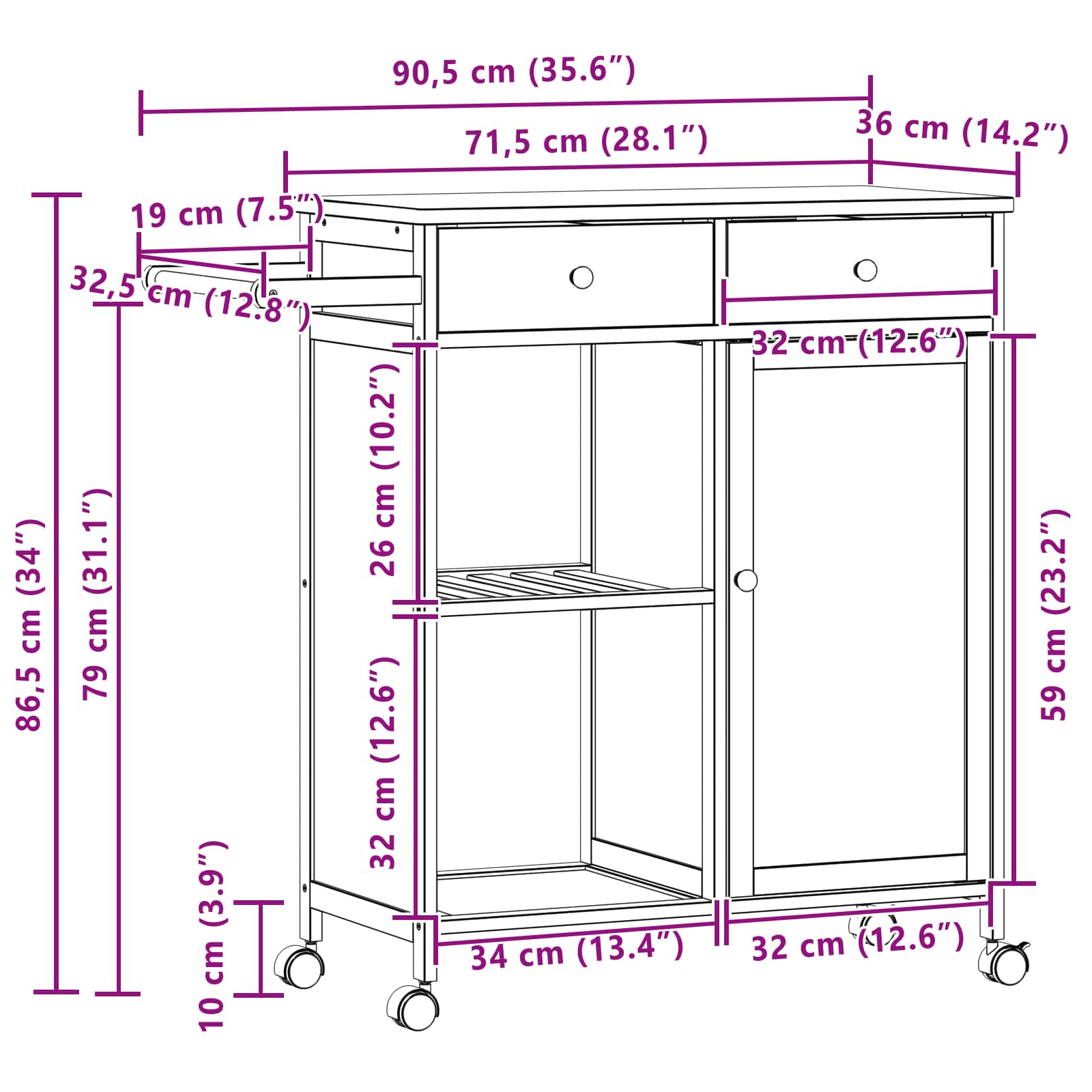 Kuhinjska Kolica s Kotačima Prirodna 90,5 x 36 x 86,5 cm Bambus