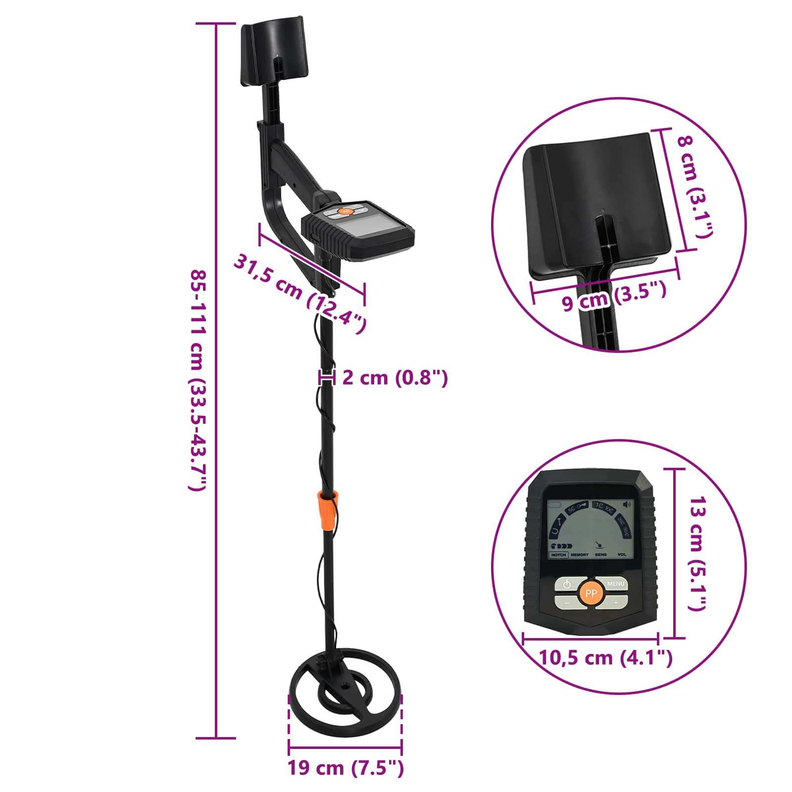 Metalni detektor s LCD zaslonom 3 modela 19 cm namotaj Crna