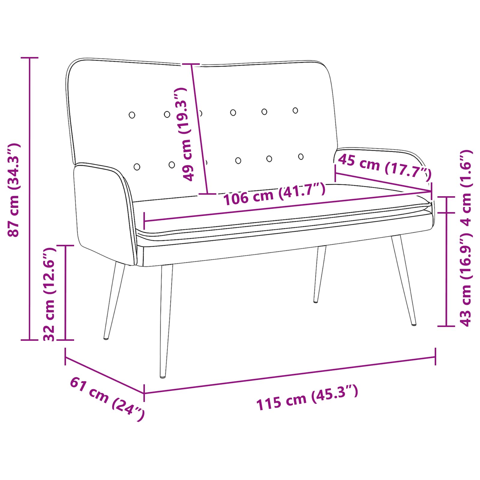 Sofa za dvije osobe Tamno siva 115 x 61 x 87 cm tkanina
