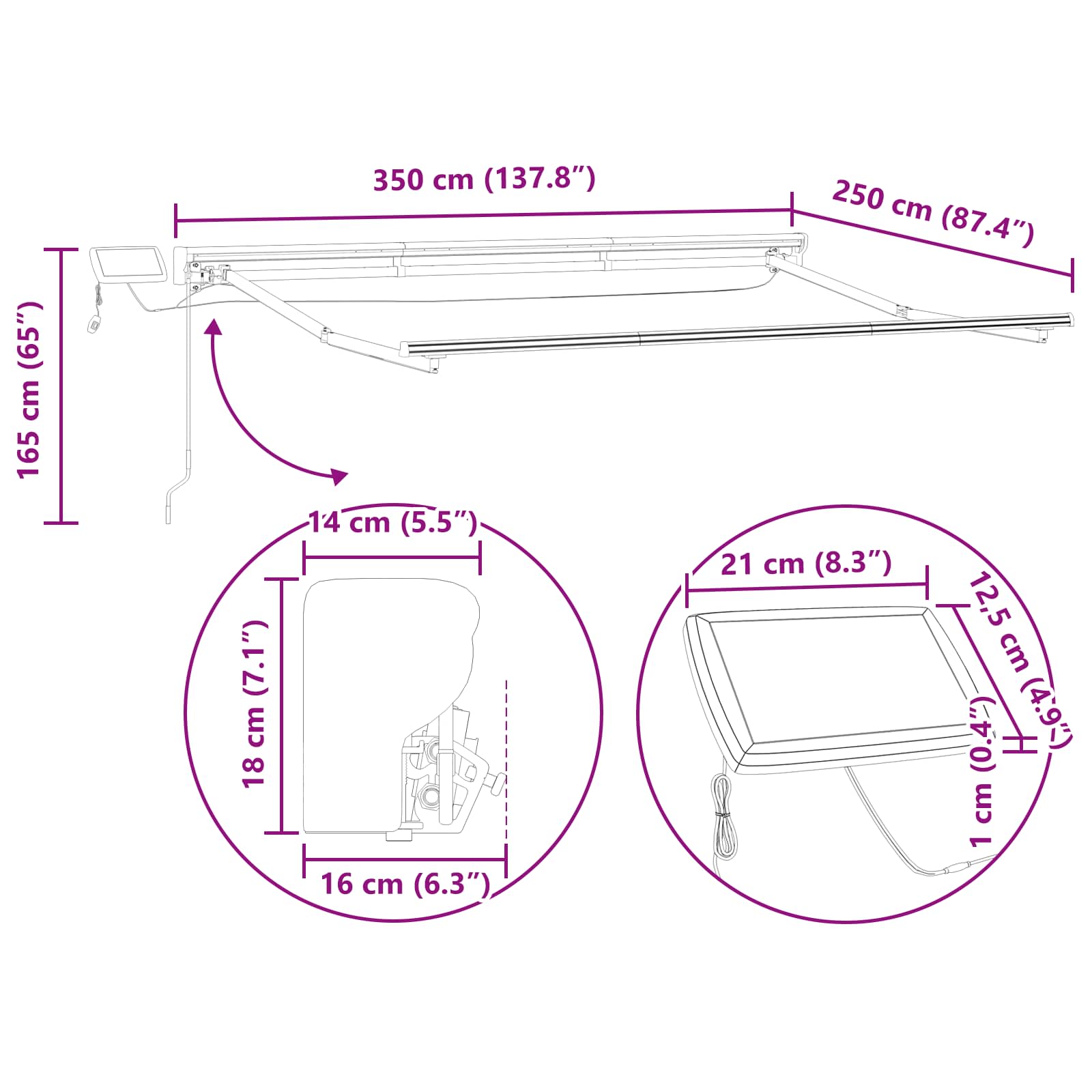 Ručni okvir tende s LED-ima Bordo i Antracit 3,5 x 2,5 m