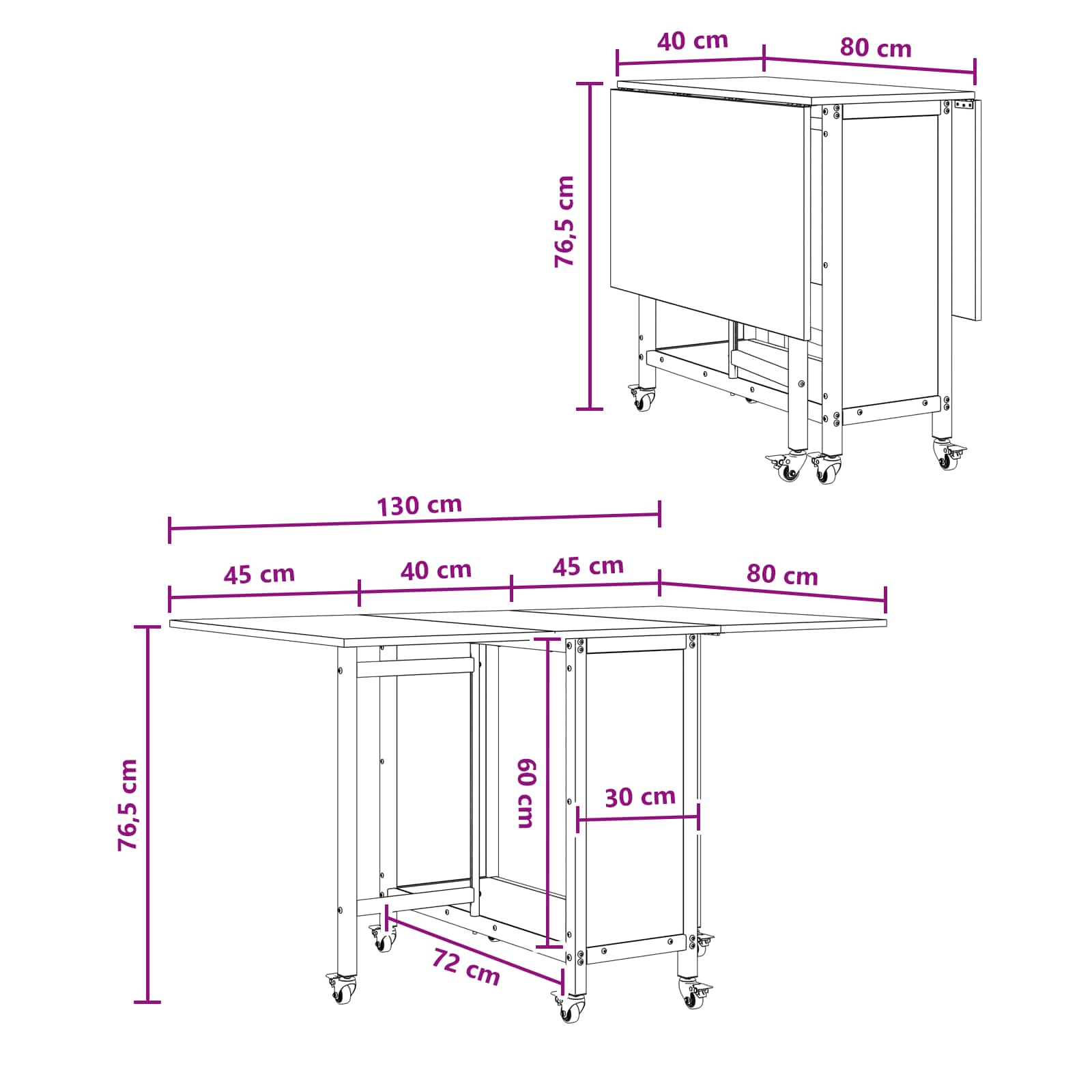 Sklopivi blagovaonski stol s kotačićima 130 x 80 x 76,5 cm