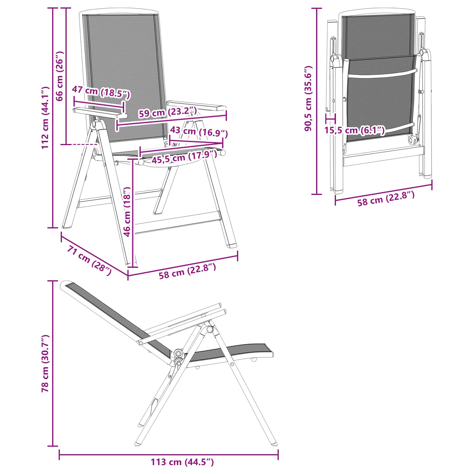 Ležaljke u vrtu 2 pcs Crna 58 x 71 x 112 cm Tekstilen