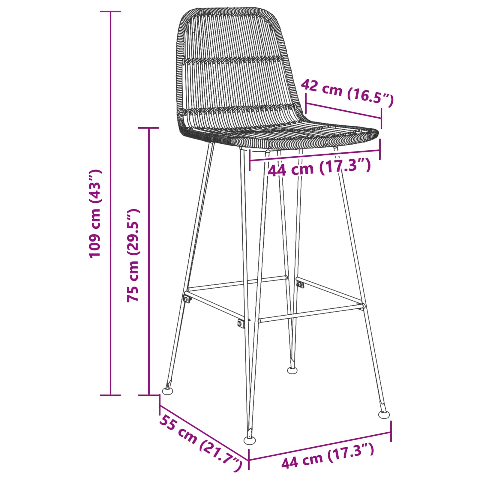 Barska stolica 2 pcs Crna 44 x 55 x 109 cm Ratan i Čelik