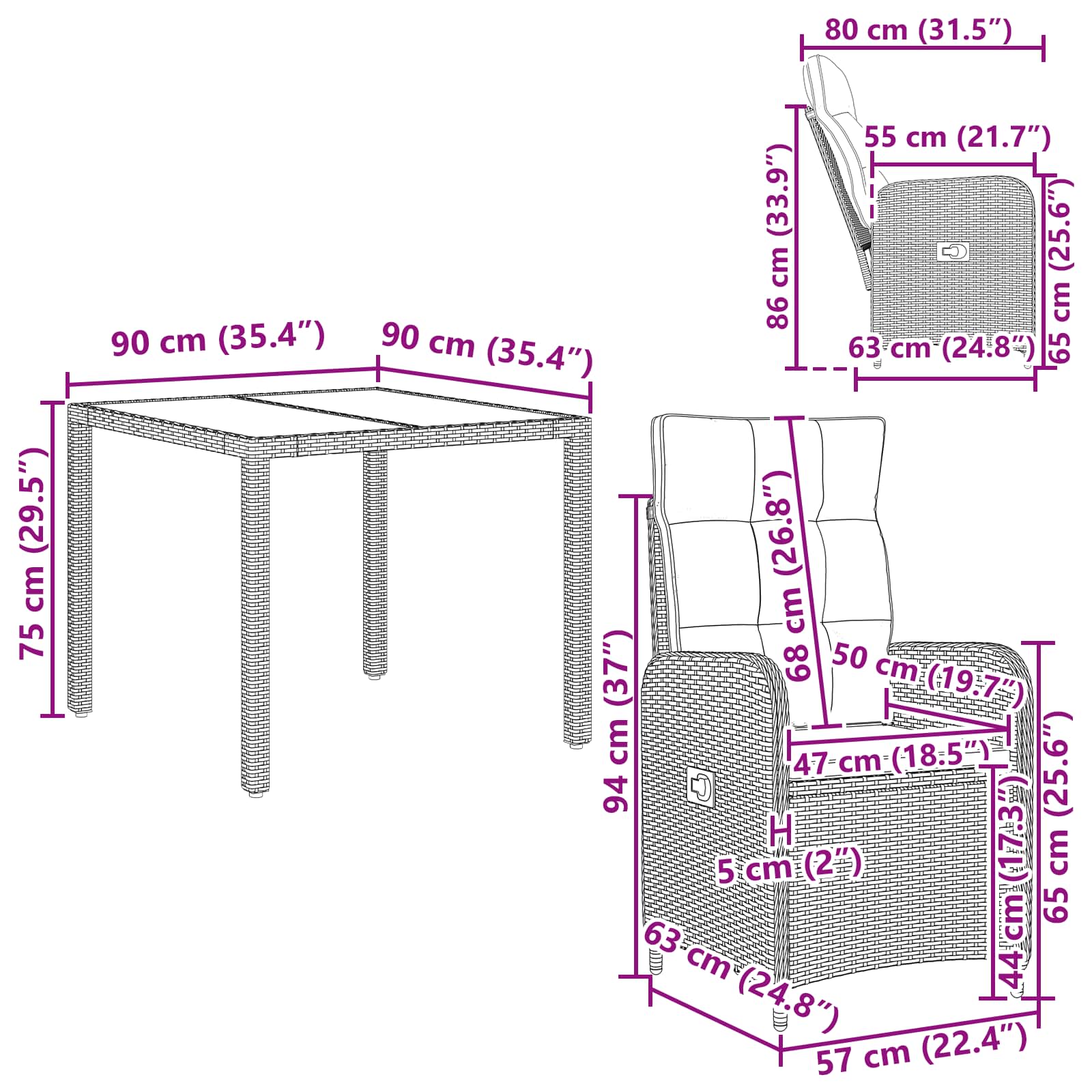 Vanjski set za objedovanje 3 pcs Crna 90 x 90 x 75 cm poliratan
