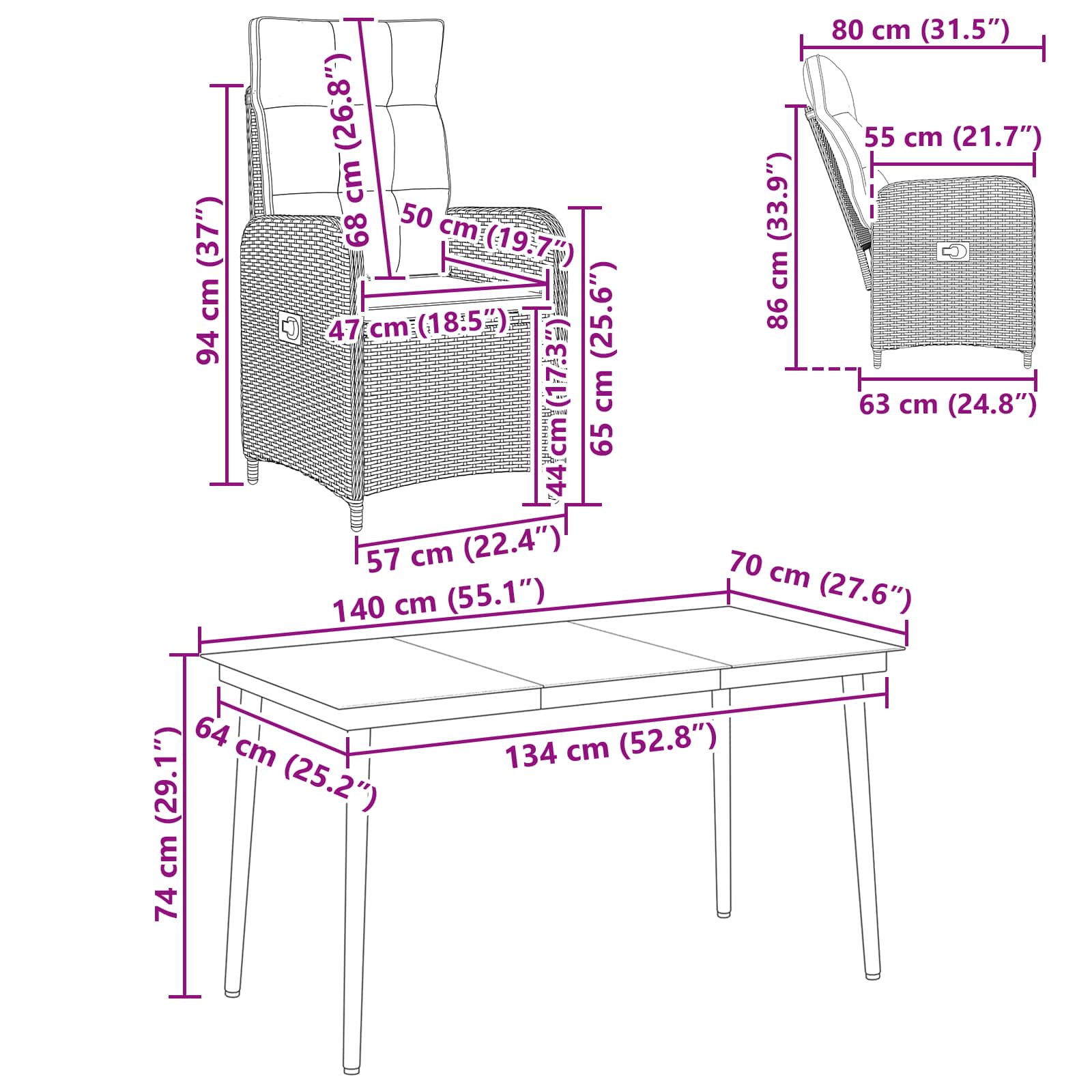 Vanjski set za objedovanje 5 pcs Crna 150 x 90 x 75 cm