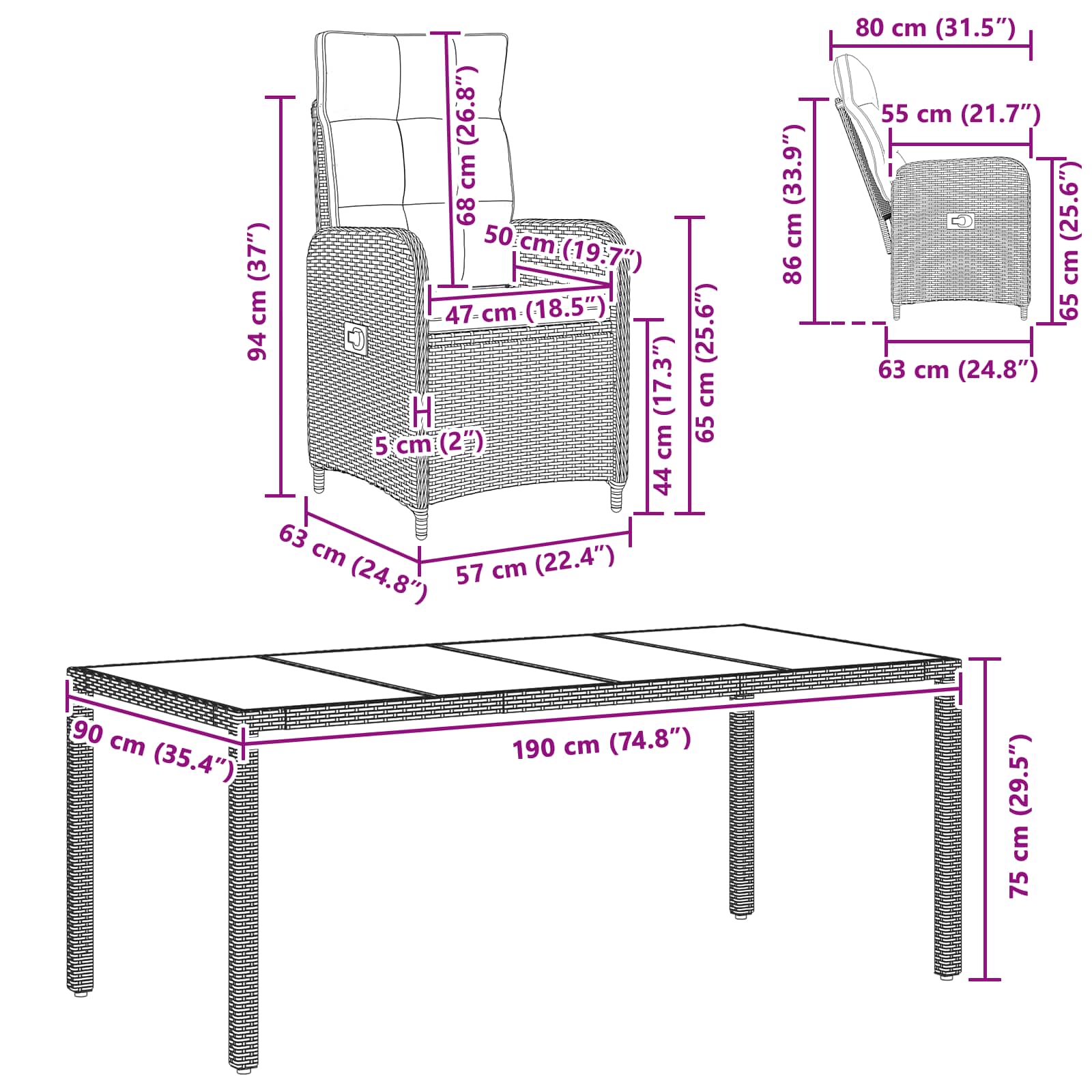 Vanjski set za objedovanje 7 pcs Crna 190 x 90 x 75 cm