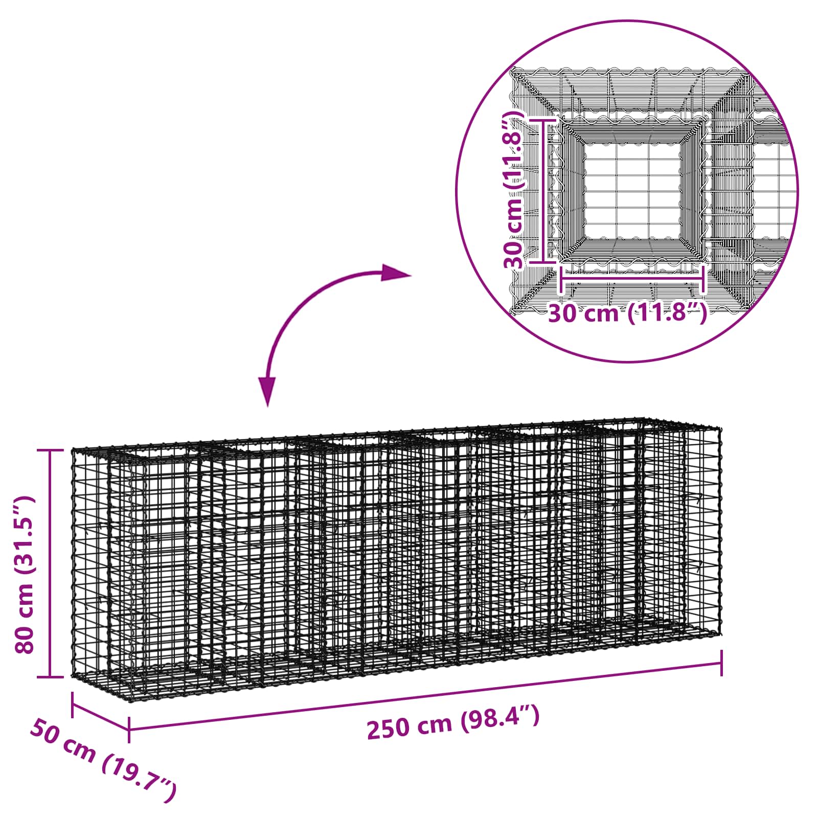 Gabionski uzdignuti krevet 2 pcs Srebrno 250 x 50 x 80 cm