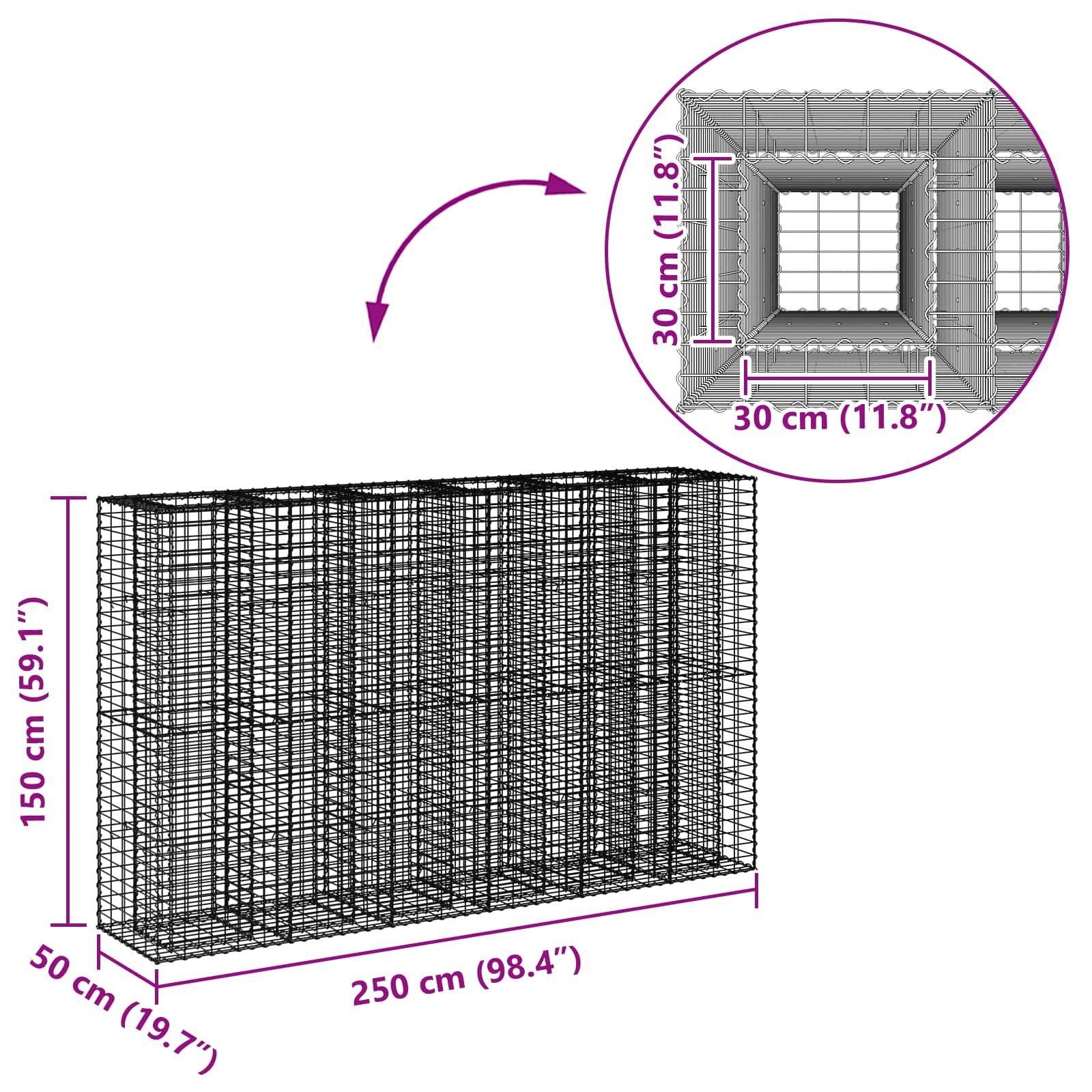 Gabionski uzdignuti krevet 3 pcs Srebrno 250 x 50 x 150 cm