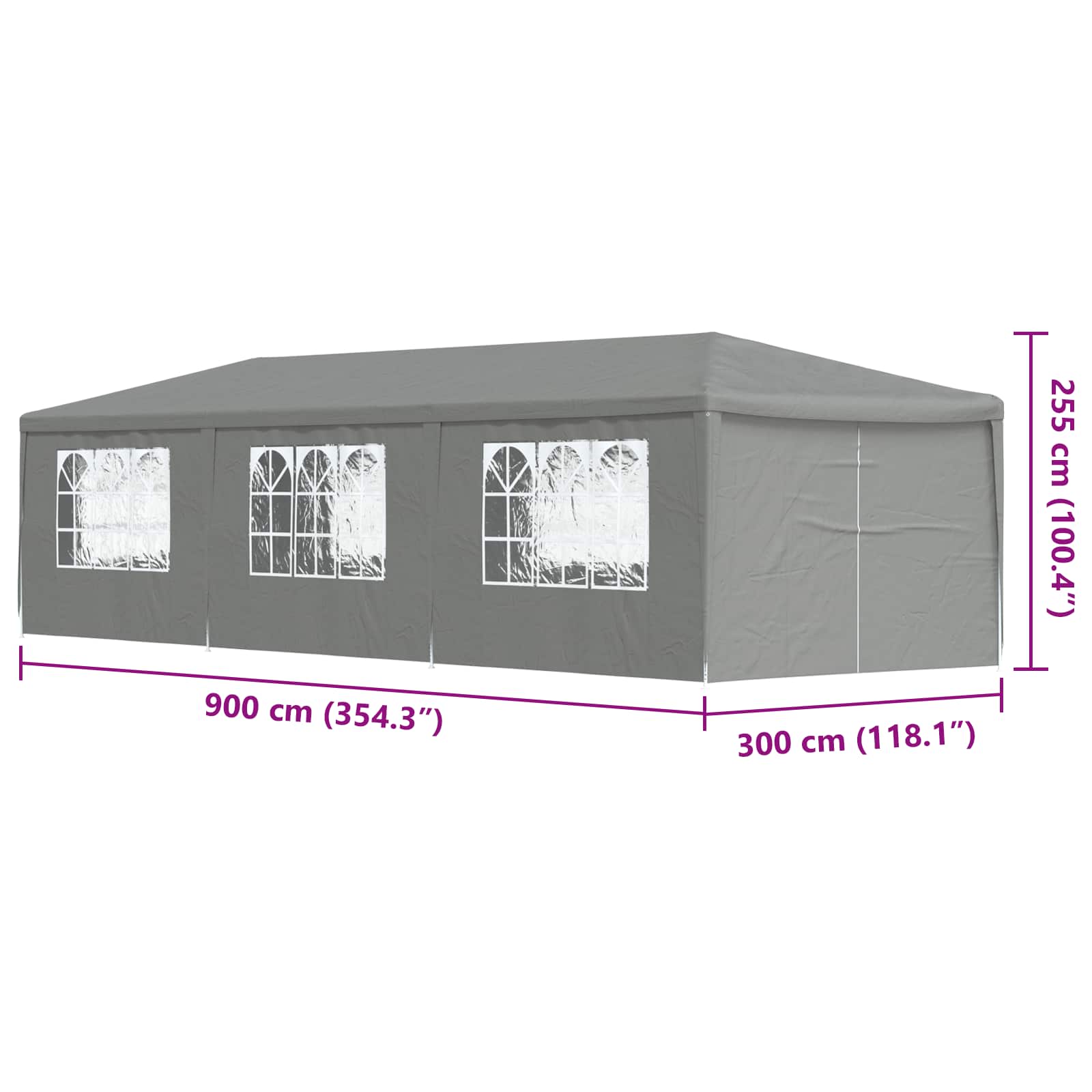 Šator za zabave 900 x 300 x 255 cm Svjetlosiva PE i čelik