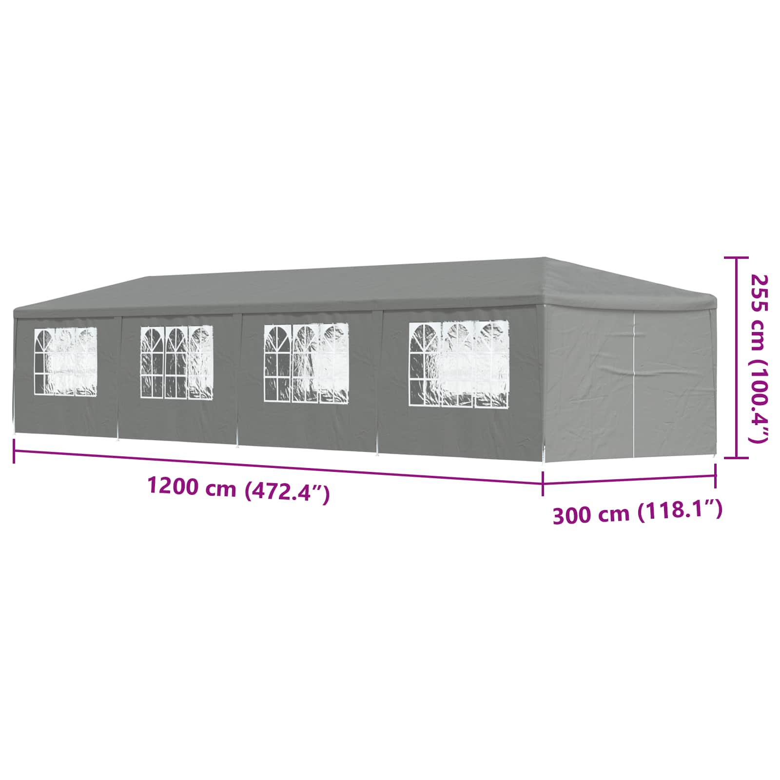 Šator za zabave 1200 x 300 x 255 cm Svjetlosiva PE i čelik