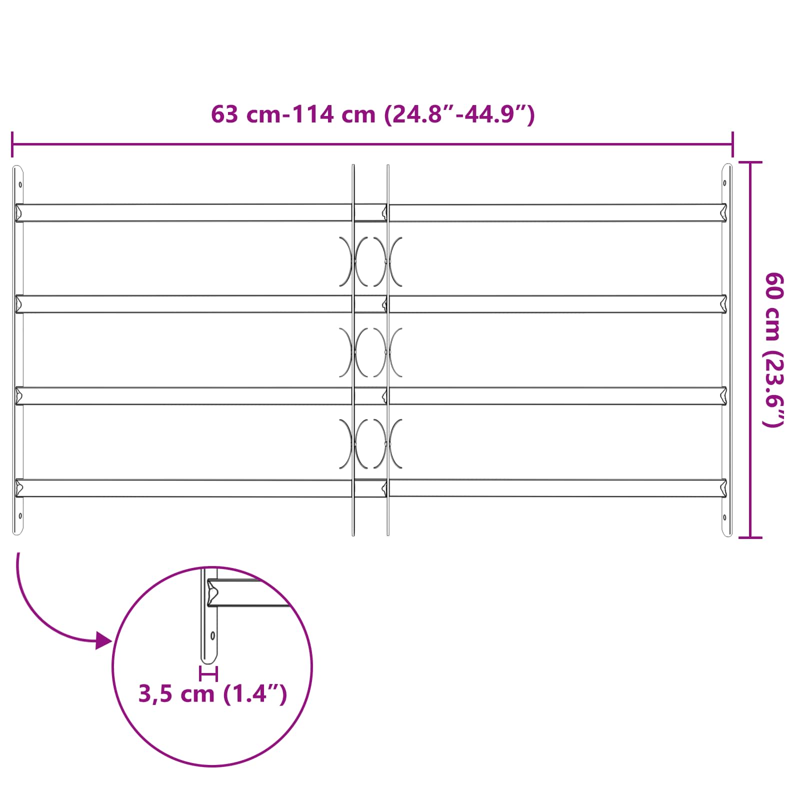Sigurnosna rešetka za prozore s 4 poprečne šipke 63-114 cm
