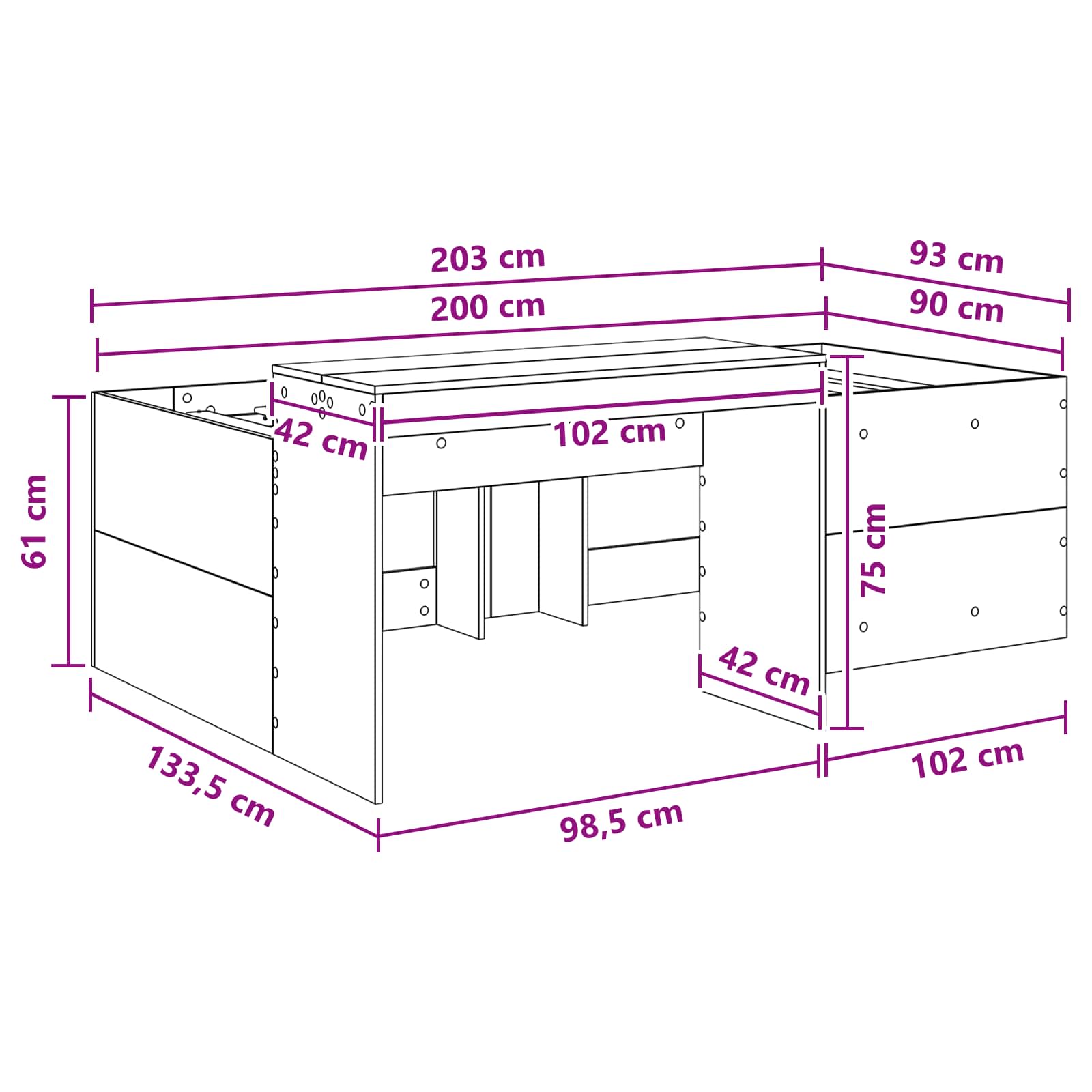 Krevet za djecu s visokim okvirom i stolom Bijela 90 x 200 cm