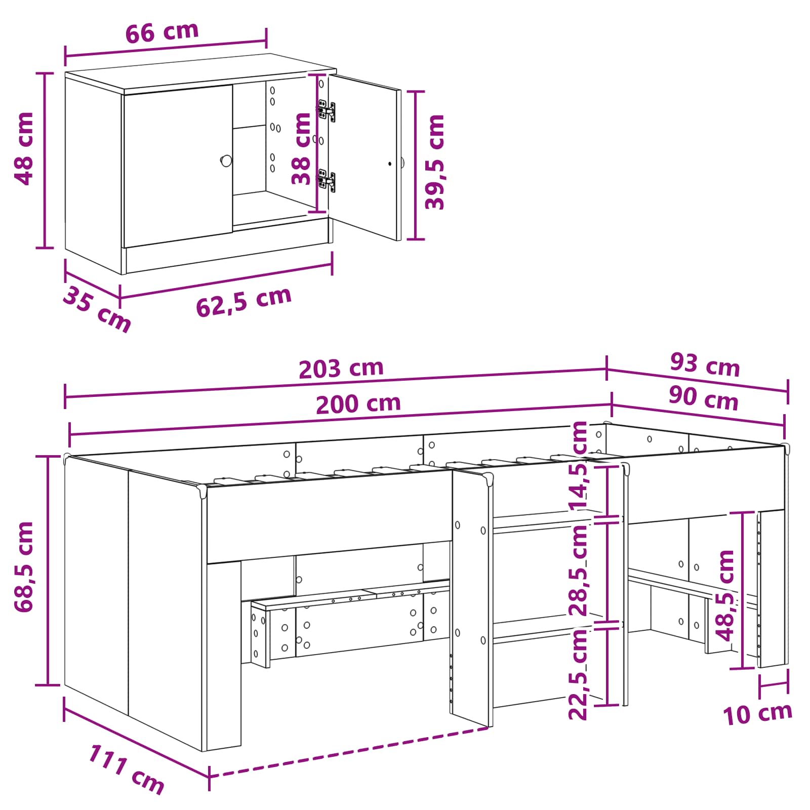 Loft krevet s ormarom s pohranom 3 pcs Bijela Konstruirano drvo