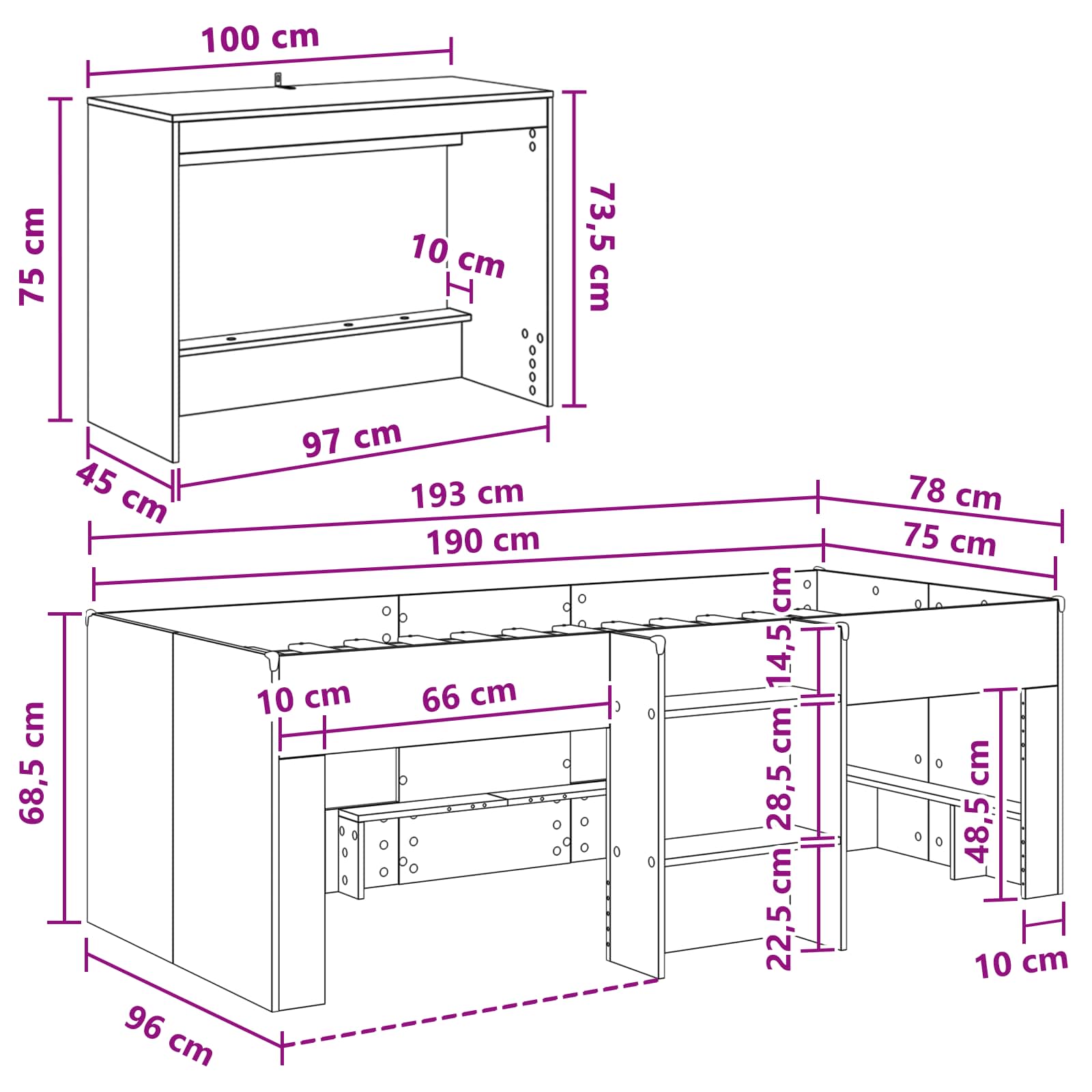Krevet za djecu s visokim okvirom i stolom Bijela 75 x 190 cm