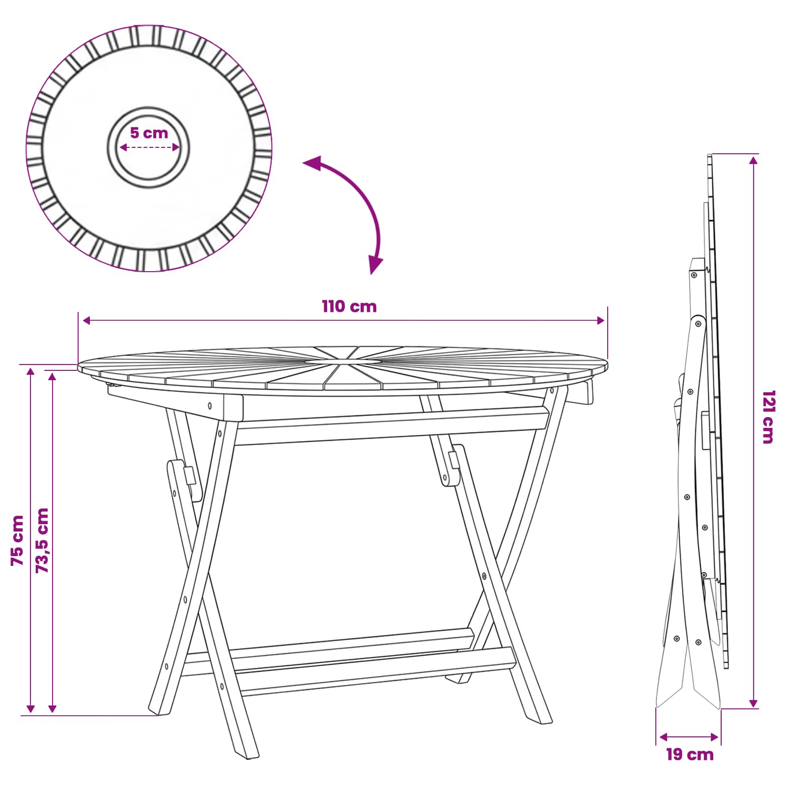 Preklopni vrtni stol Prirodna Ø 110 x 75 cm Čvrsto teak drvo