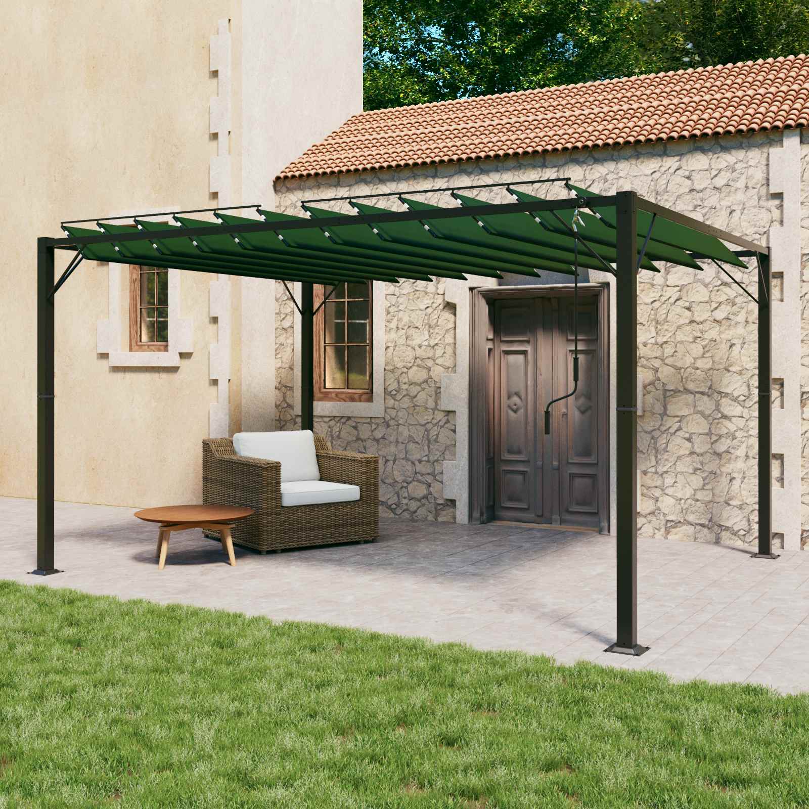Gazebo s krovom s roletnom Zelena 3 x 4 x 2,14 m