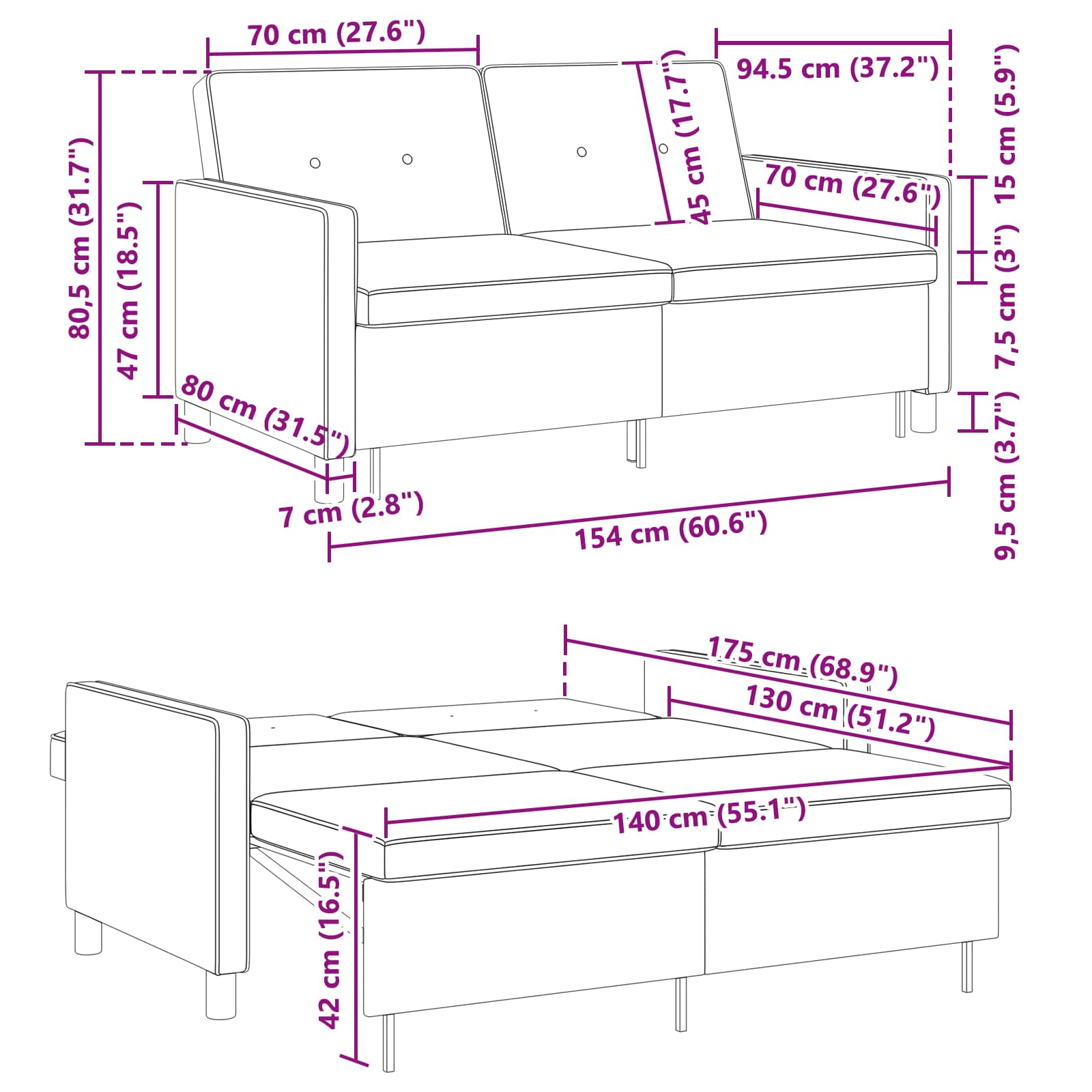 Krevet-sofa na razvlačenje Crna Tkanina