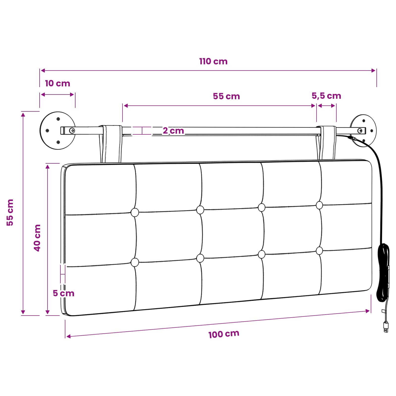 Viseće uzglavlje kreveta S LED svjetlom Traper plava Tkanina
