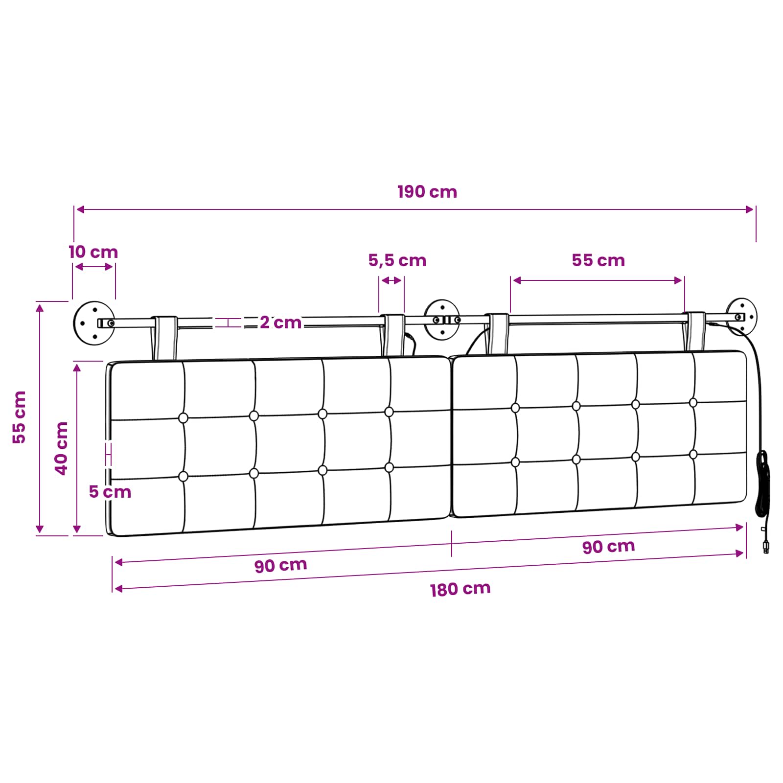 Viseće uzglavlje kreveta S LED svjetlom Tamnozelena Tkanina