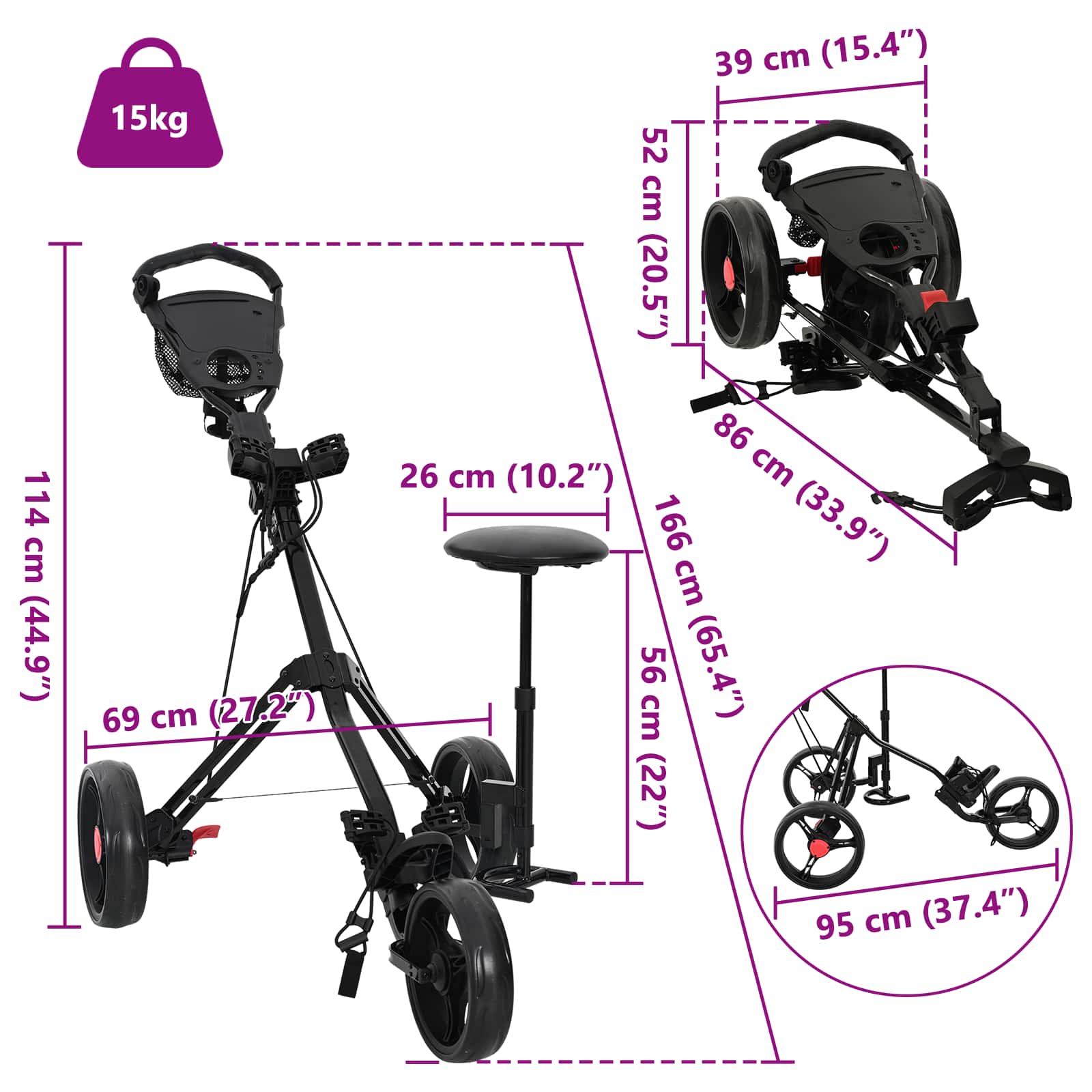 Golf Trolej s sjedištem Crna 95 x 69 x 114 cm Željezo