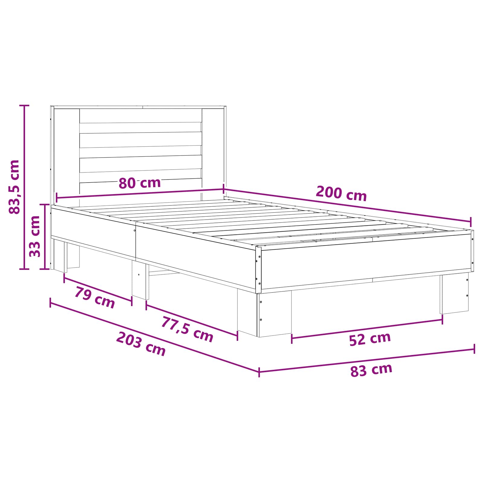Okvir kreveta s uzglavljem Dimljeni hrast 80 x 200 cm