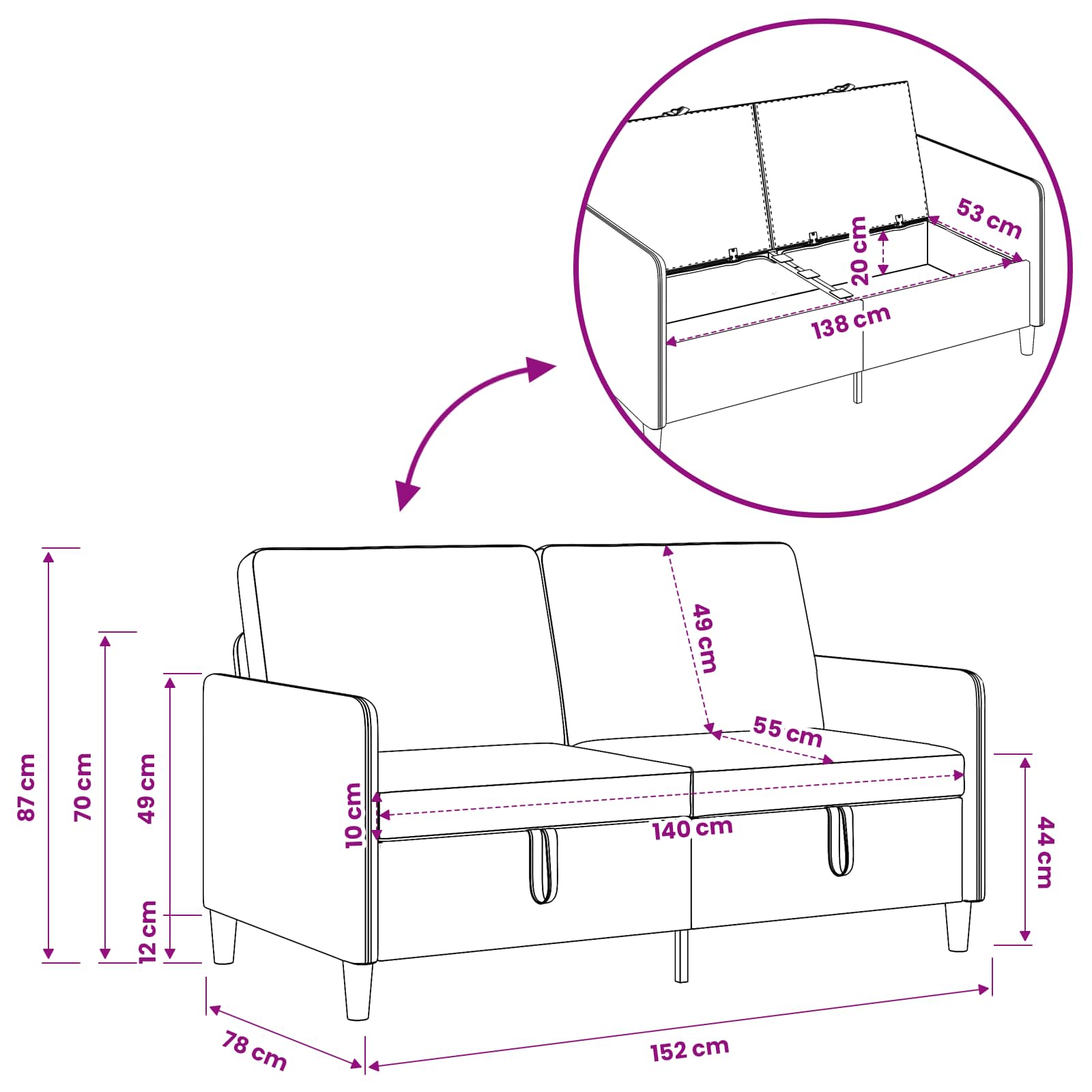 Sofa s pohranom Ljubičasta 152 x 78 x 87 cm Poliester