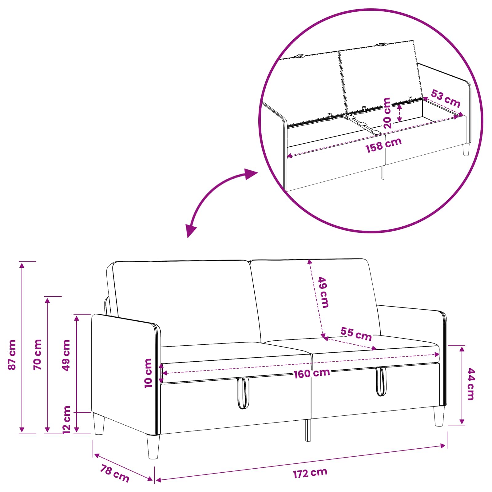 Sofa s pohranom Plava 172 x 78 x 87 cm Poliester
