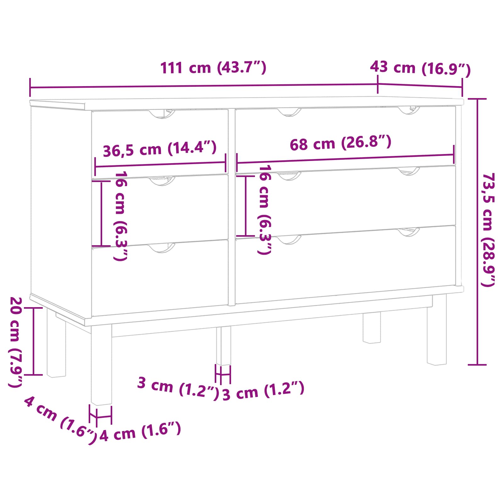 Ormar s ladicama OTTA Crna 111 x 43 x 73,5 cm Masivna borovina