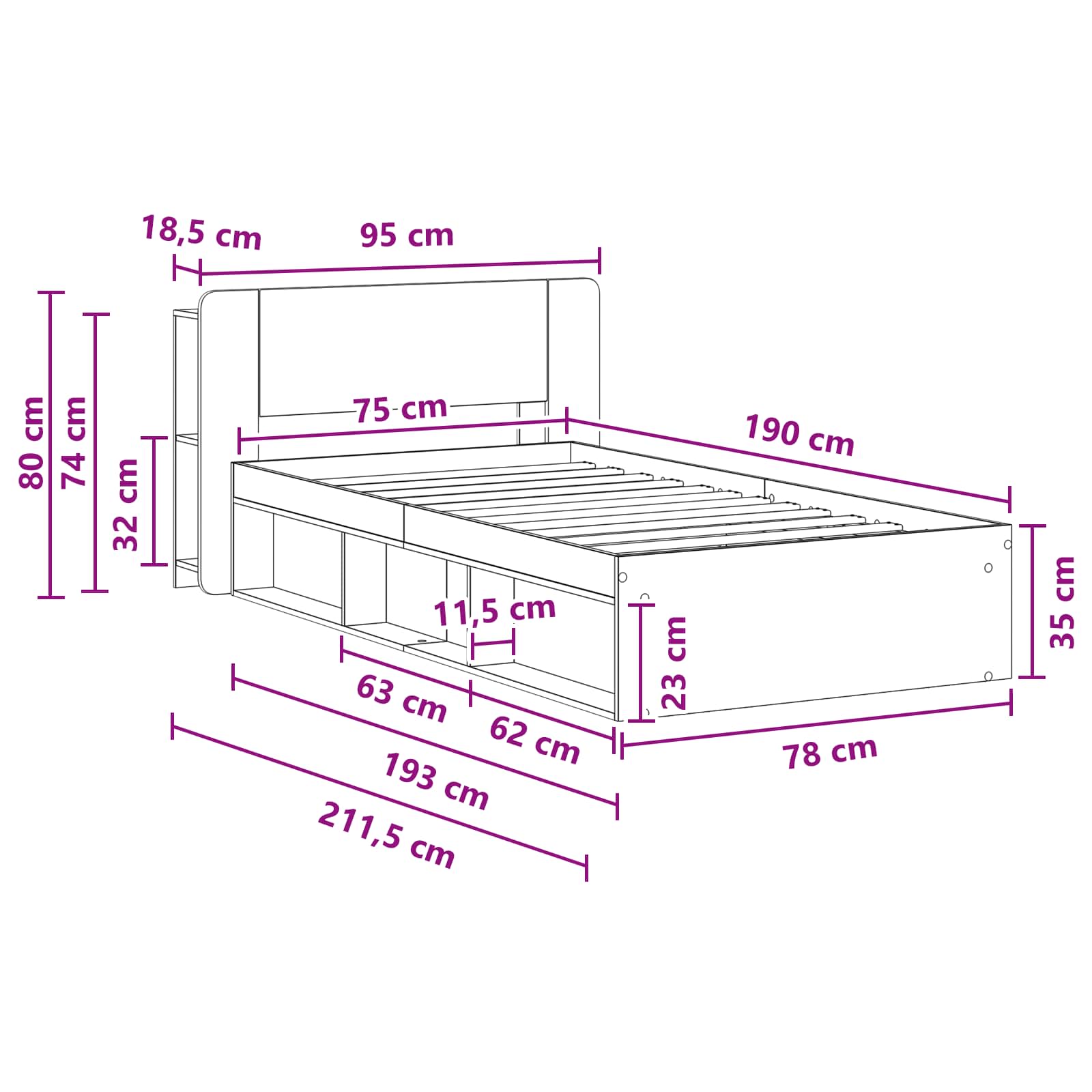 Okvir kreveta s pohranom s uzglavljem Staro drvo 75 x 190 cm