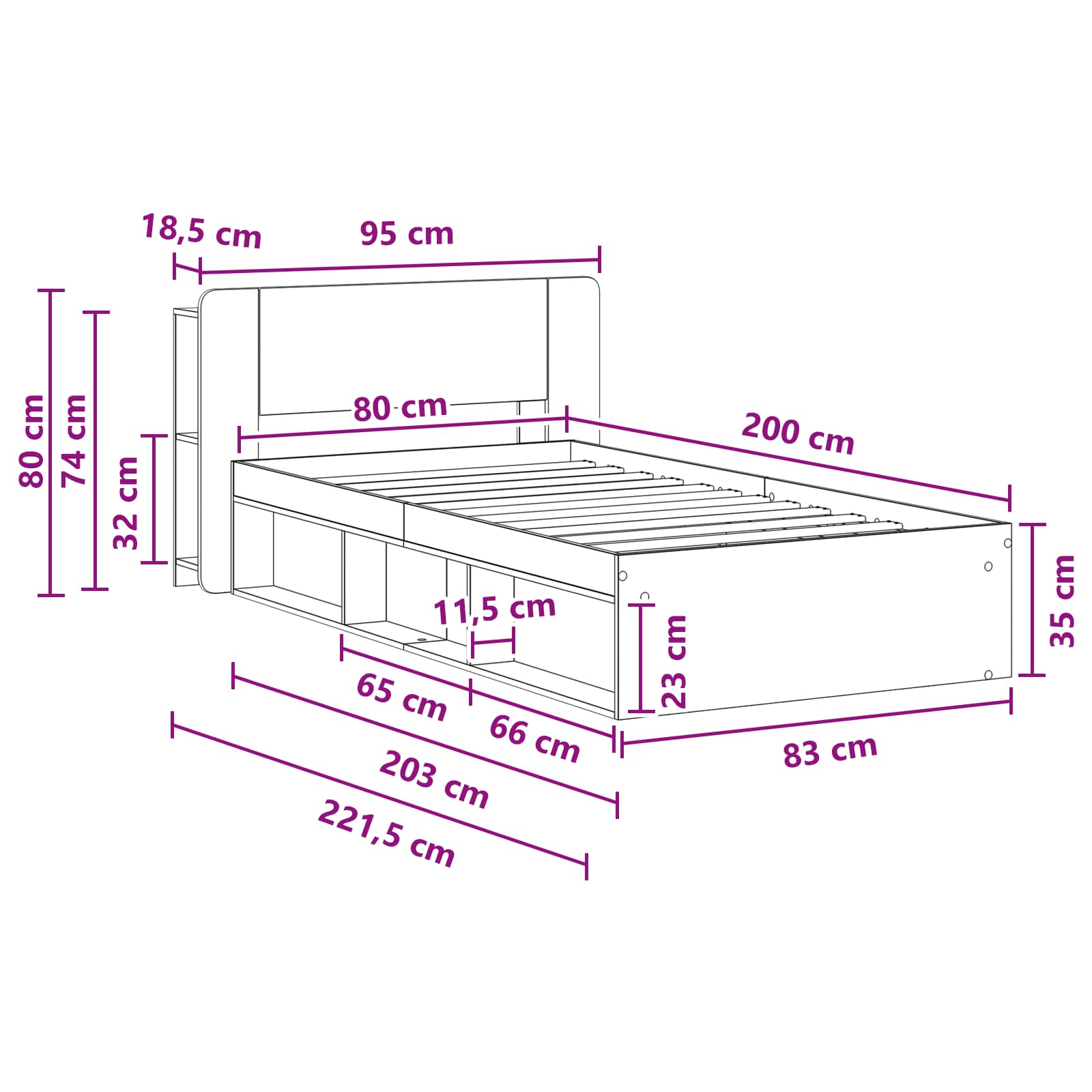 Okvir kreveta s pohranom s uzglavljem Hrast sonoma 80 x 200 cm