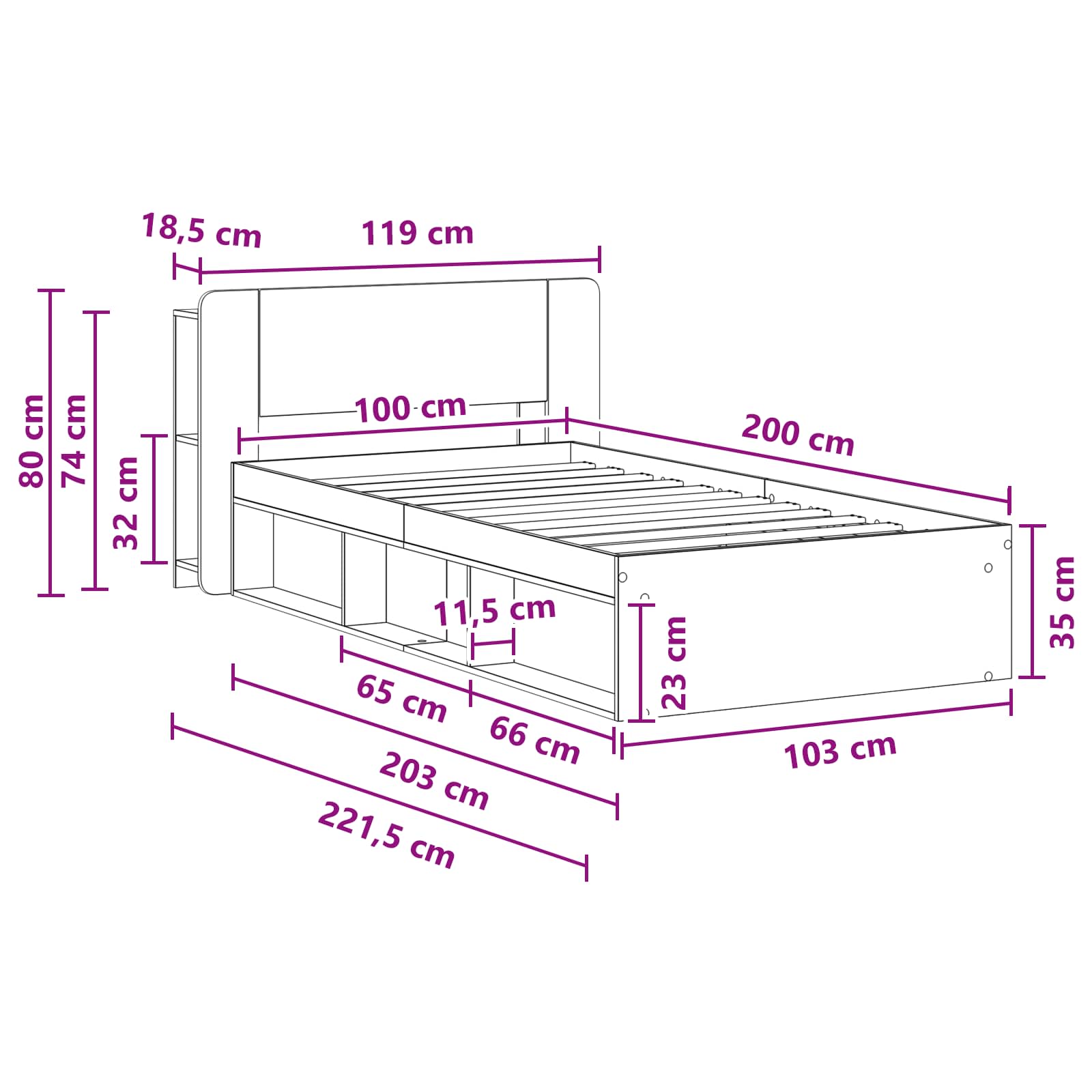 Okvir kreveta s pohranom s uzglavljem Siva Sonoma 100 x 200 cm