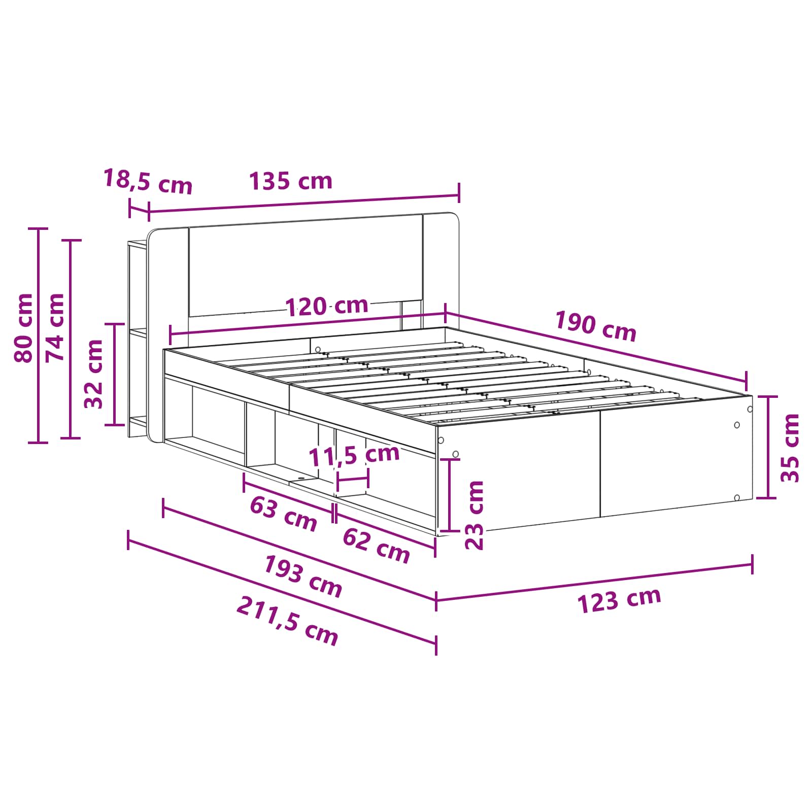 Okvir kreveta s pohranom s uzglavljem Staro drvo 120 x 190 cm