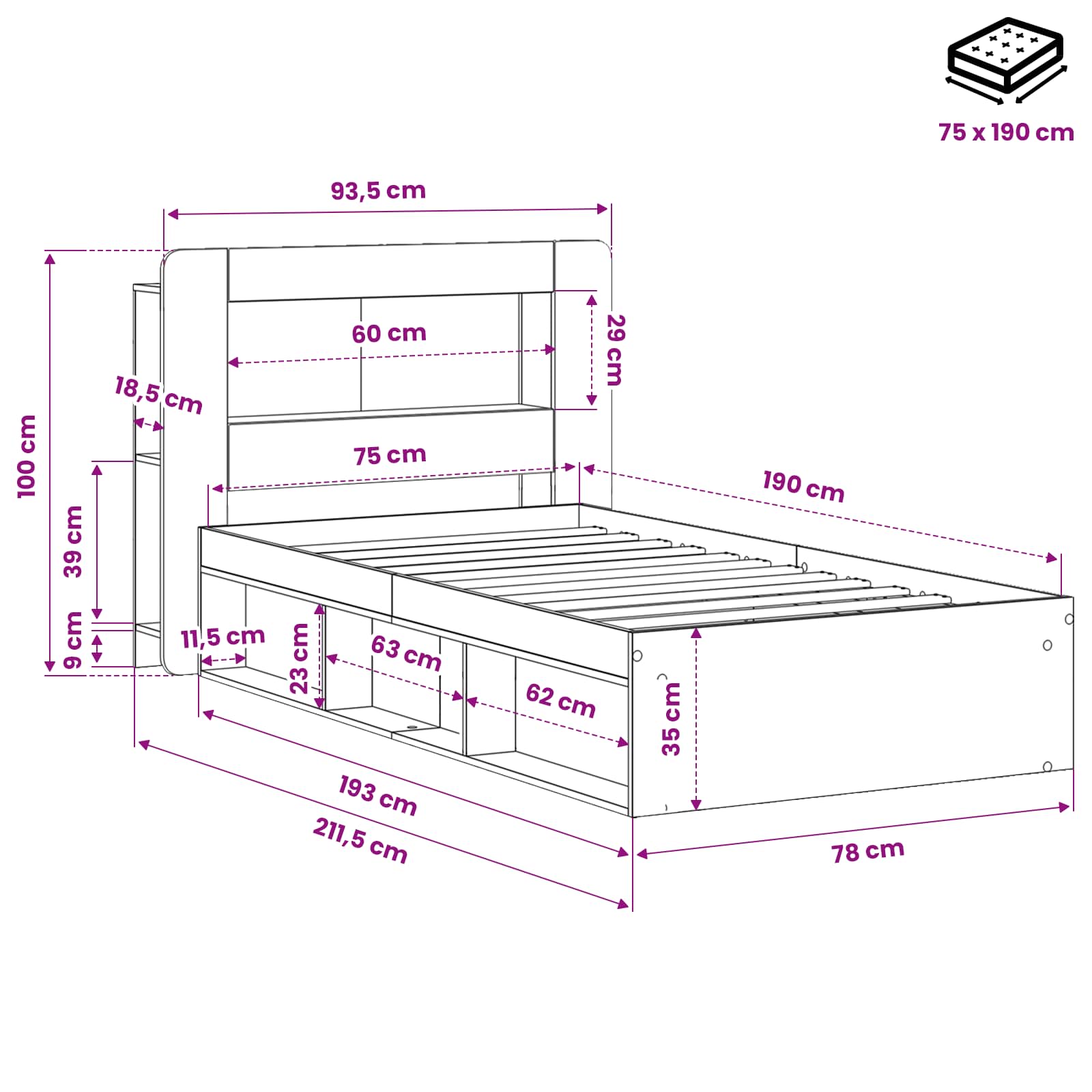Okvir kreveta s pohranom Crna 75 x 190 cm Konstruirano drvo