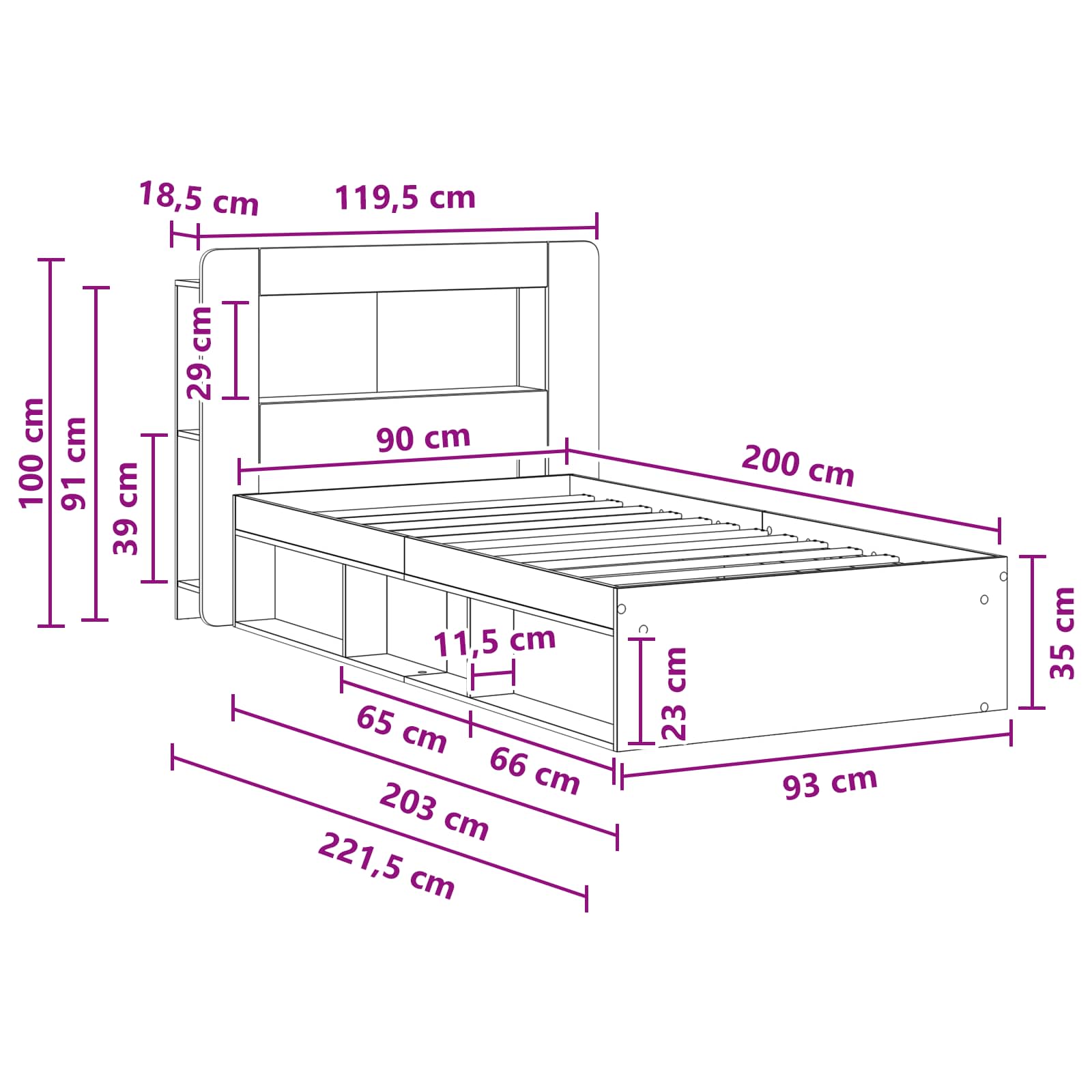 Okvir kreveta s pohranom s uzglavljem Staro drvo 90 x 200 cm