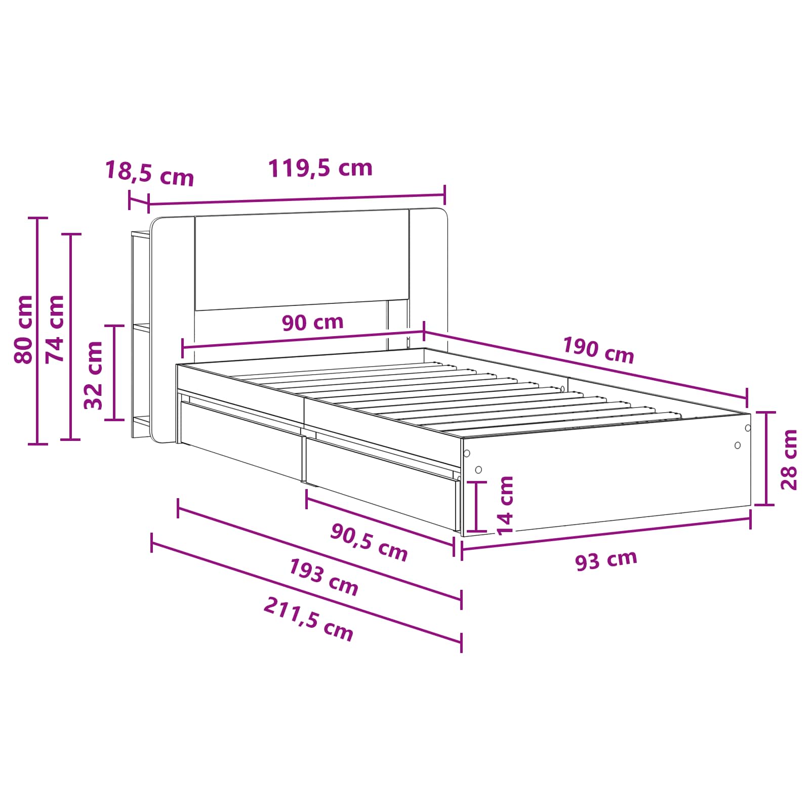 Okvir kreveta s pohranom s ladicama Siva Sonoma 90 x 190 cm