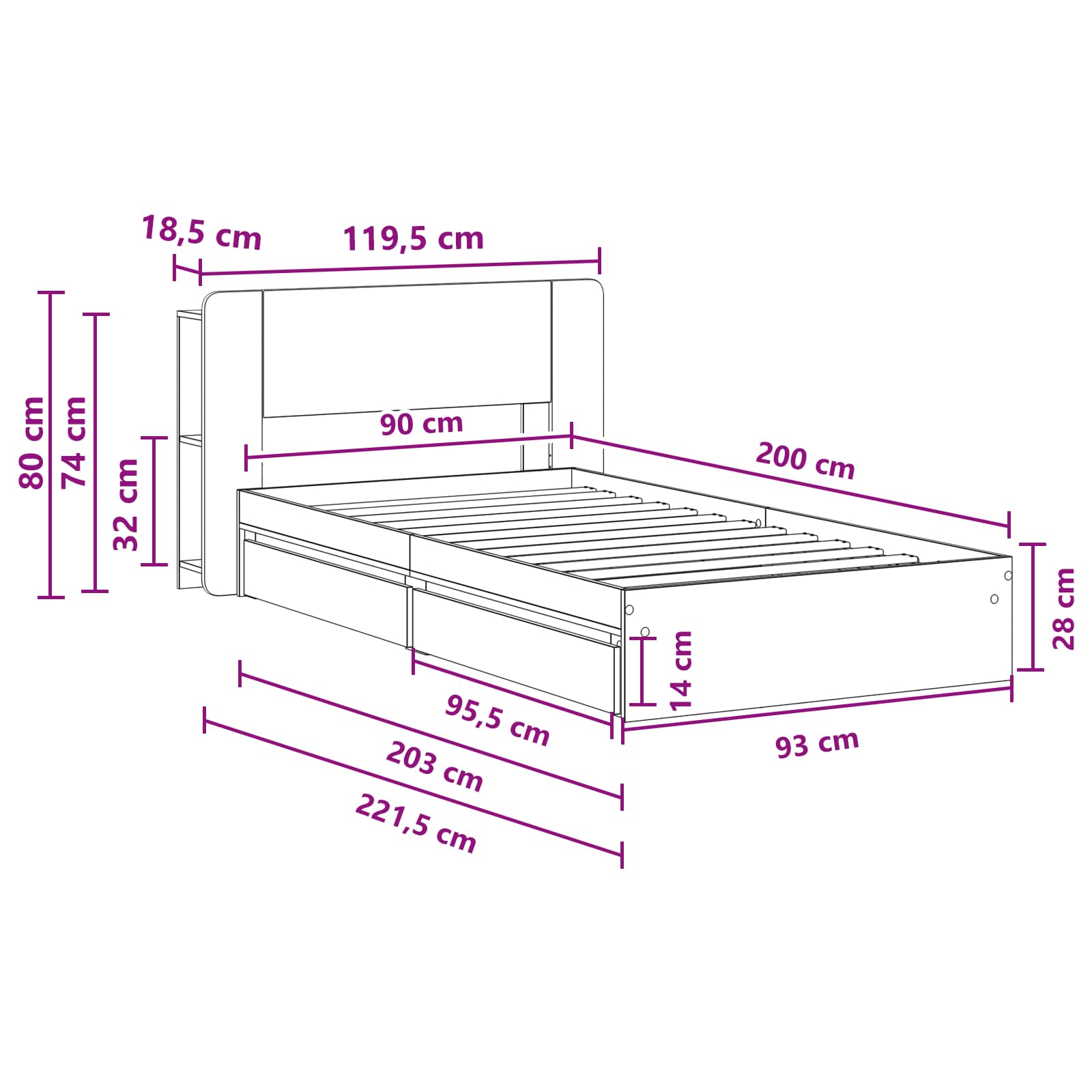 Okvir kreveta s pohranom Bijela 90 x 200 cm Konstruirano drvo