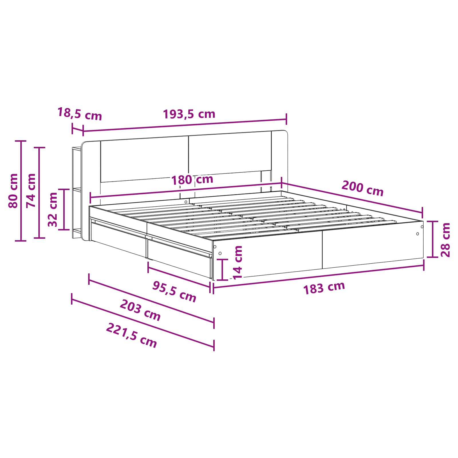 Okvir kreveta s pohranom s ladicama Hrast sonoma 180 x 200 cm