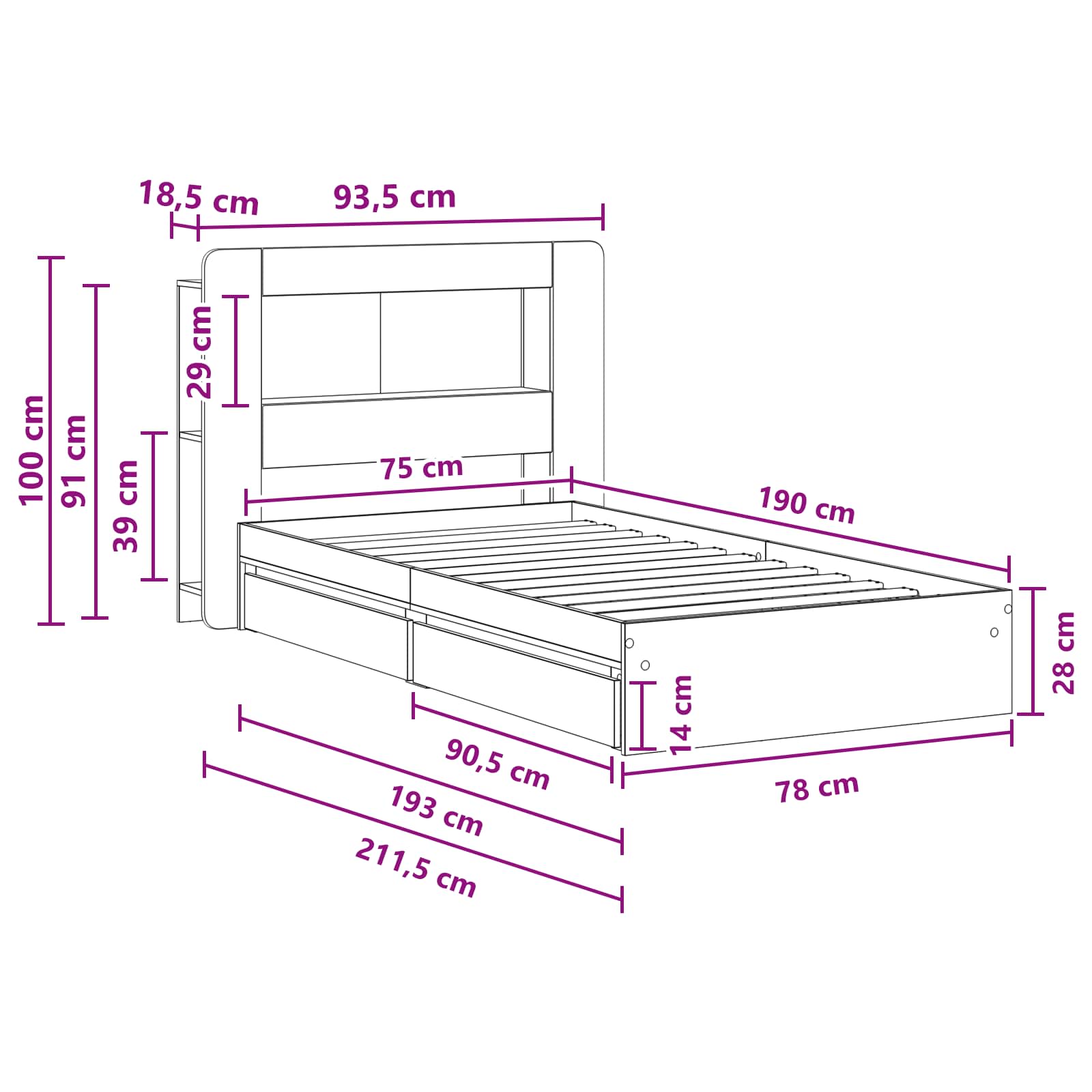 Okvir kreveta s pohranom s ladicama Betonska siva 75 x 190 cm