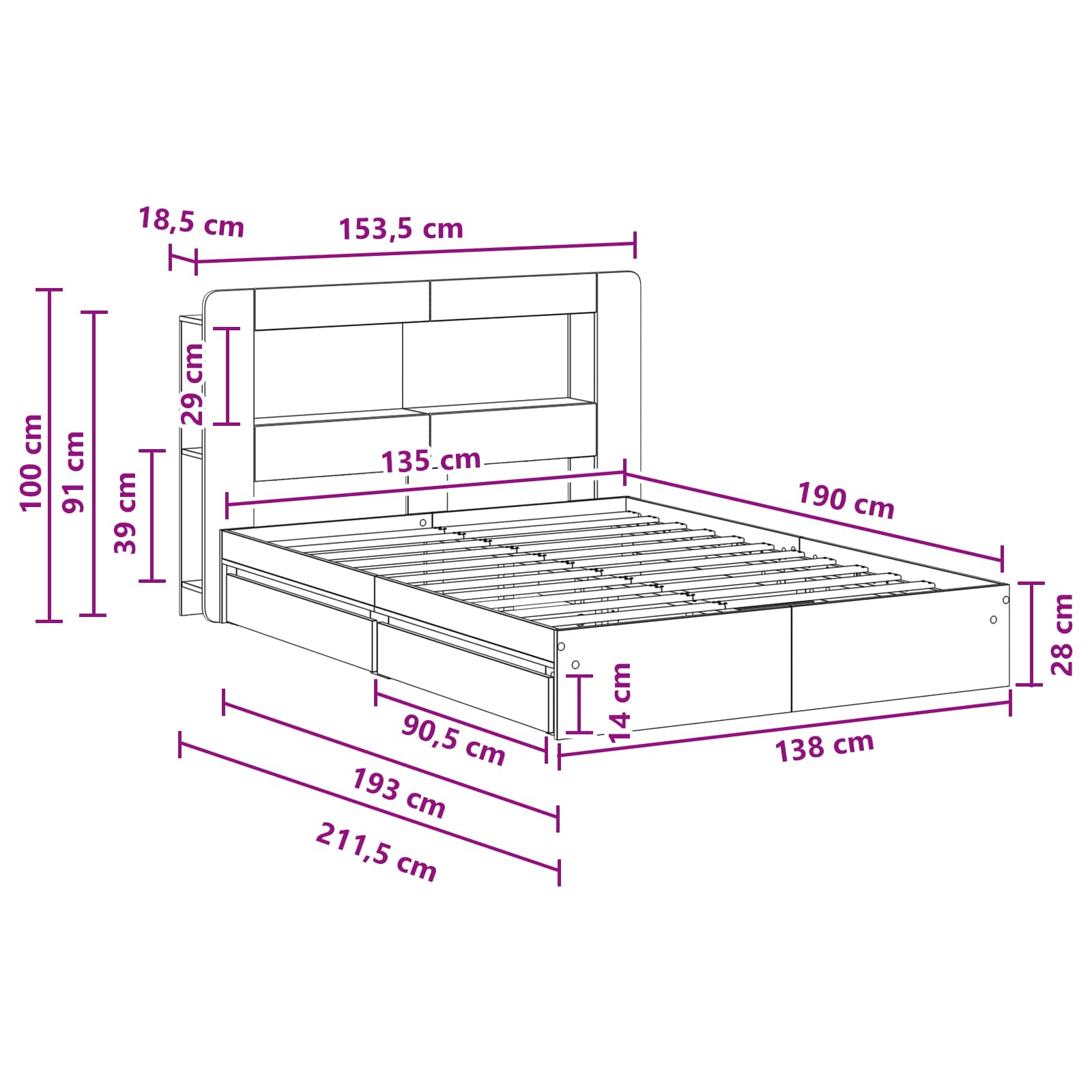 Okvir kreveta s pohranom s ladicama Betonska siva 135 x 190 cm