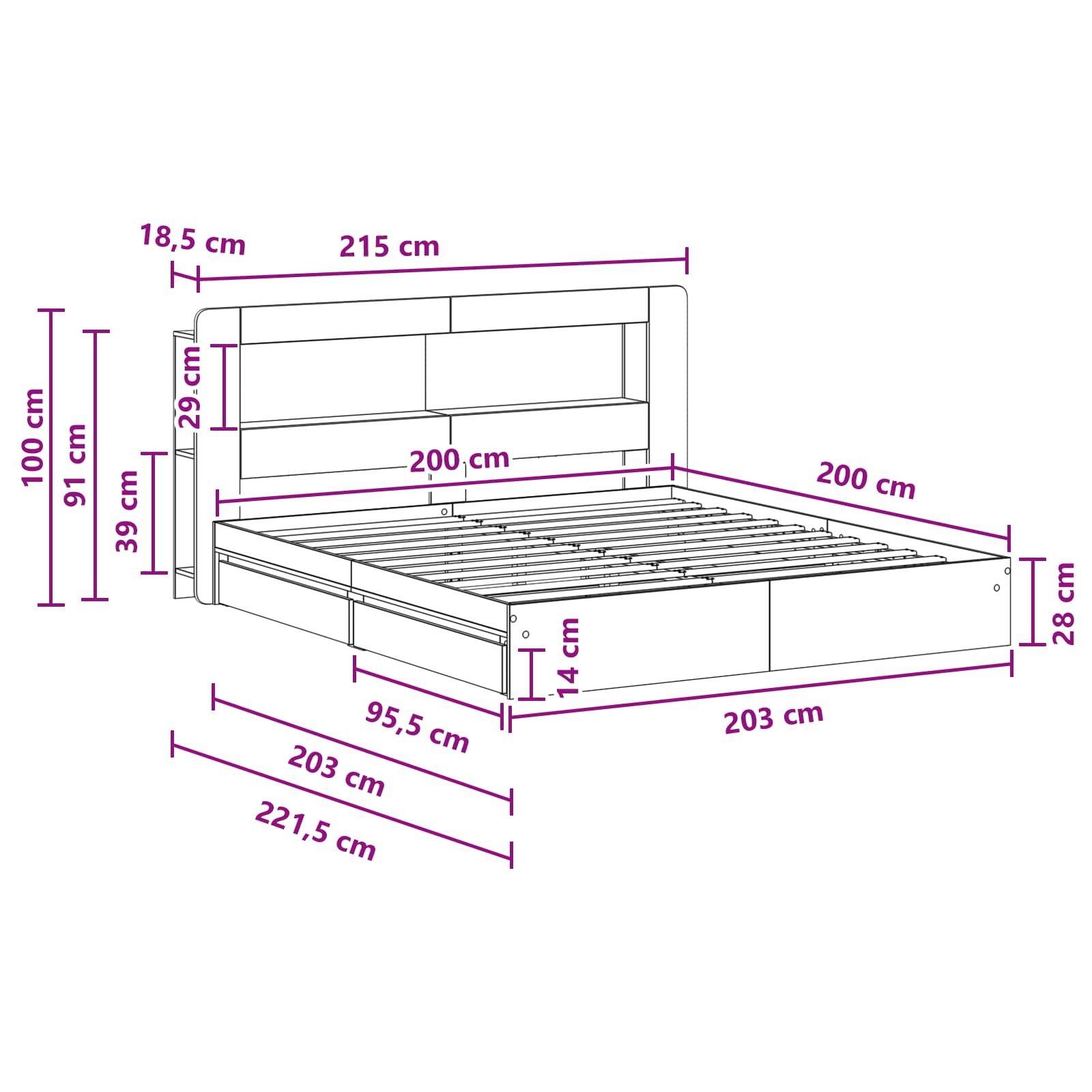 Okvir kreveta s pohranom s ladicama Betonska siva 200 x 200 cm