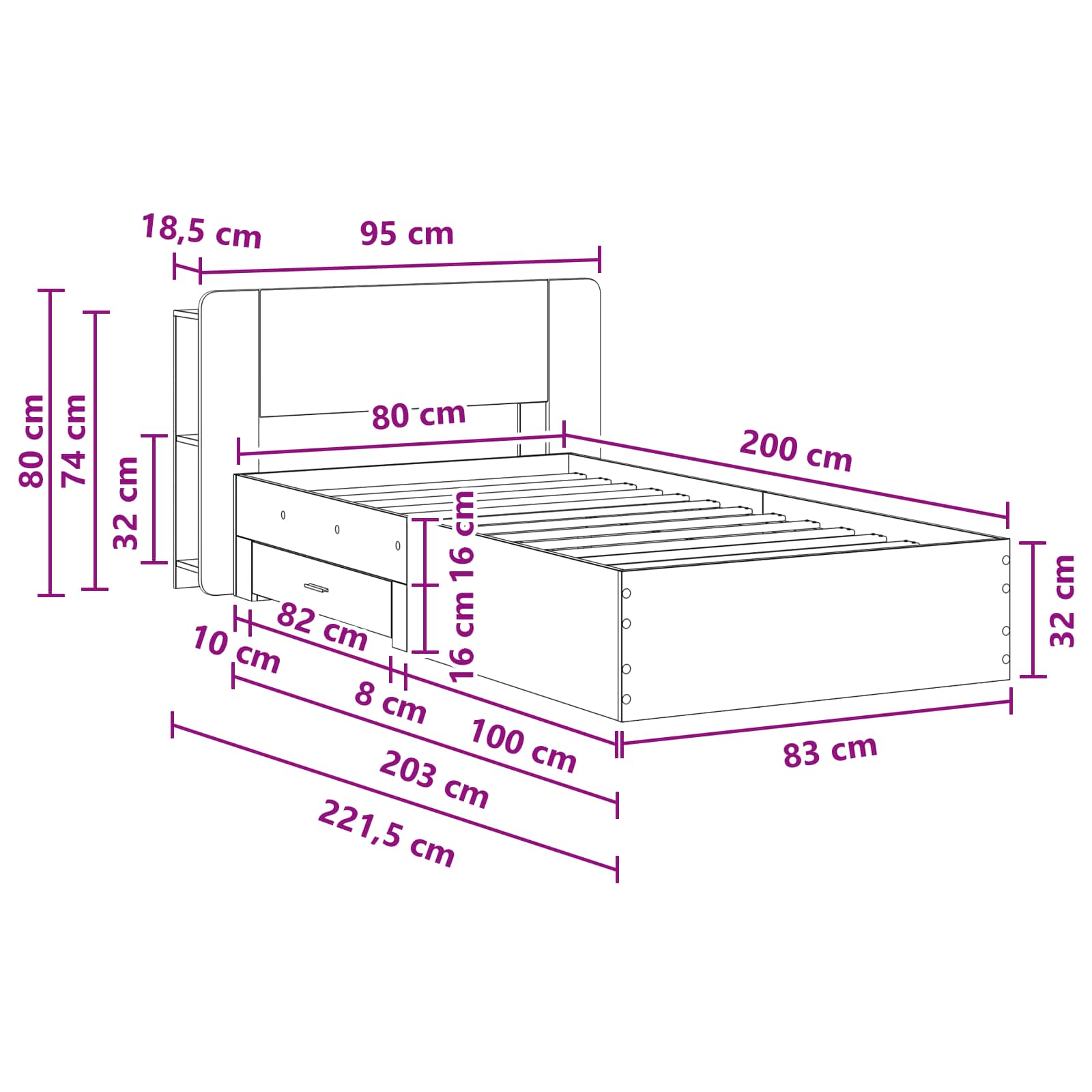 Okvir kreveta s pohranom s uzglavljem Siva Sonoma 80 x 200 cm