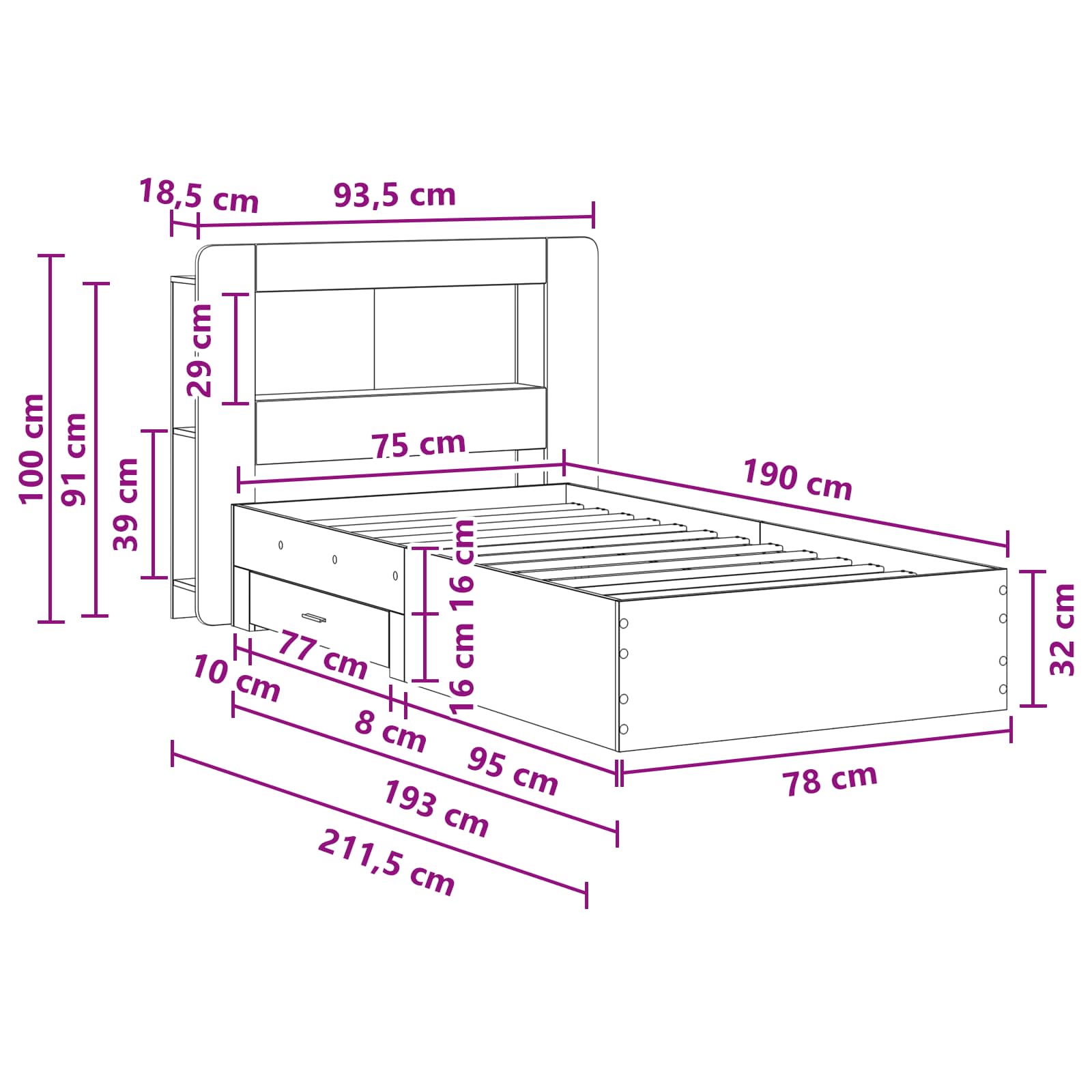 Okvir kreveta s pohranom s uzglavljem Betonska siva 75 x 190 cm
