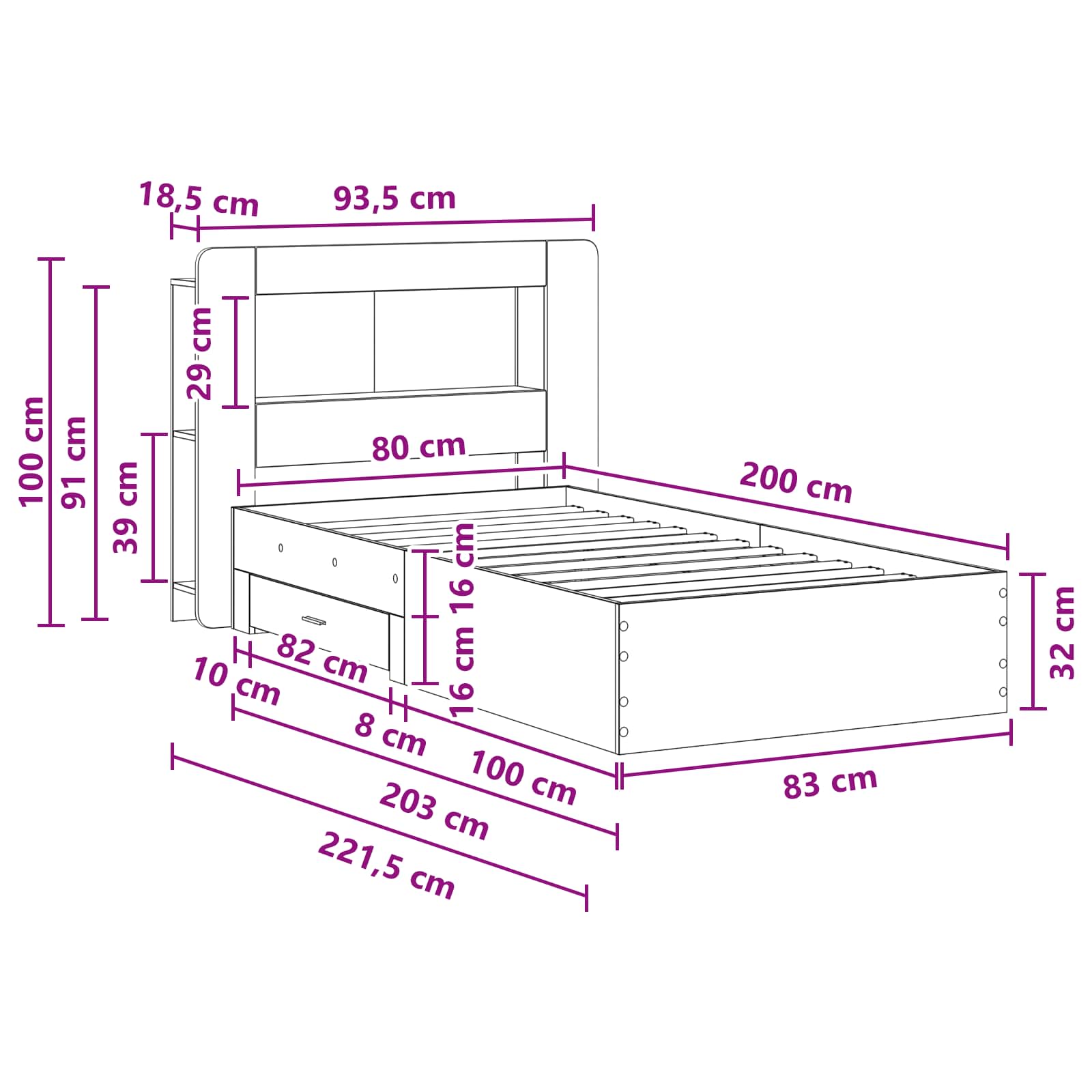 Okvir kreveta s pohranom s uzglavljem Hrast sonoma 80 x 200 cm